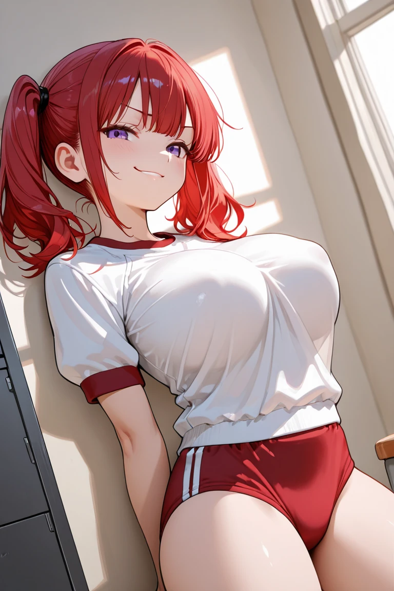 Realistic、masterpiece, 1 Housewife、bionde、bob hair, Red eyes, (Eye focus:1.3,Face Focus),(gradient eye:1.3),(Sexy panties)、Open your mouth,(Grin:1.3),amount,Cute Face、((Thick thighs、Beautiful thighs)), A condescending gaze towards the viewer, Gym suit