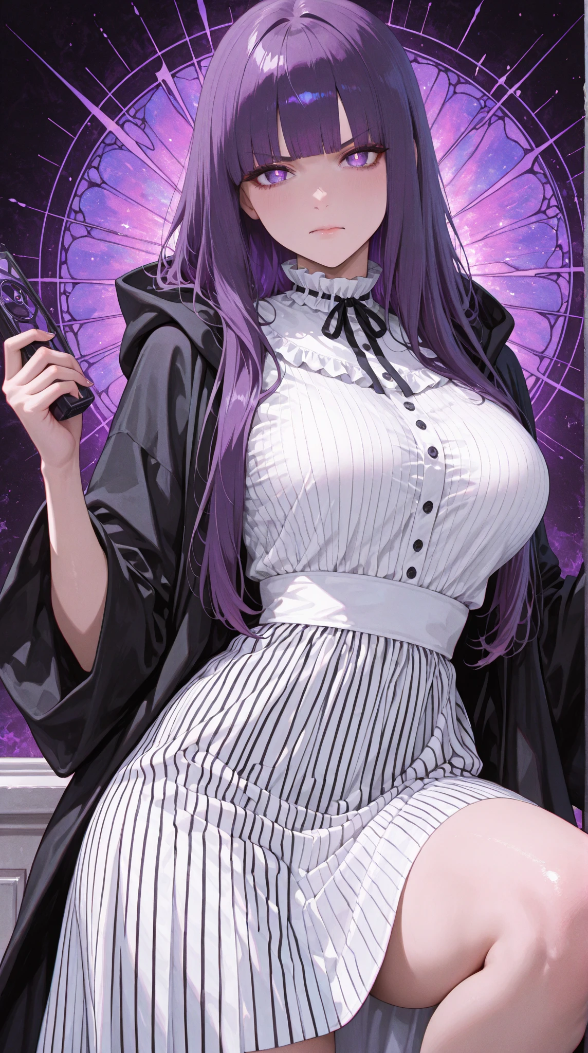 (Top resolution、Distinct_image)top-quality、female 、​masterpiece、highly detailed、Semi-realistic、purple eyes  、18year old、young、cool clothing、Exquisite facial features、Facial features ,variations, potrait, a bar background,   Black hair , long straight hairstyles, wear black suits, Mafia , yakuza, criminals , badass, Japanese tattoos on the arm