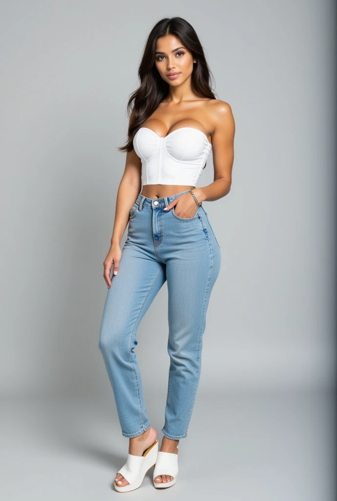 mujer cantando, vestida de chaqueta de jeans, remera blanca larga hasta los muslos, long oxford type jeans from the 70's, cabello ondulado, recojido, con audifonos de vincha, holding an old microphone from the year 1940, fondo de pradera con pastos verdes y flores de colores, zapatillas blancas, cuerpo entero, full body, que se ve de pies a cabeza, bailando