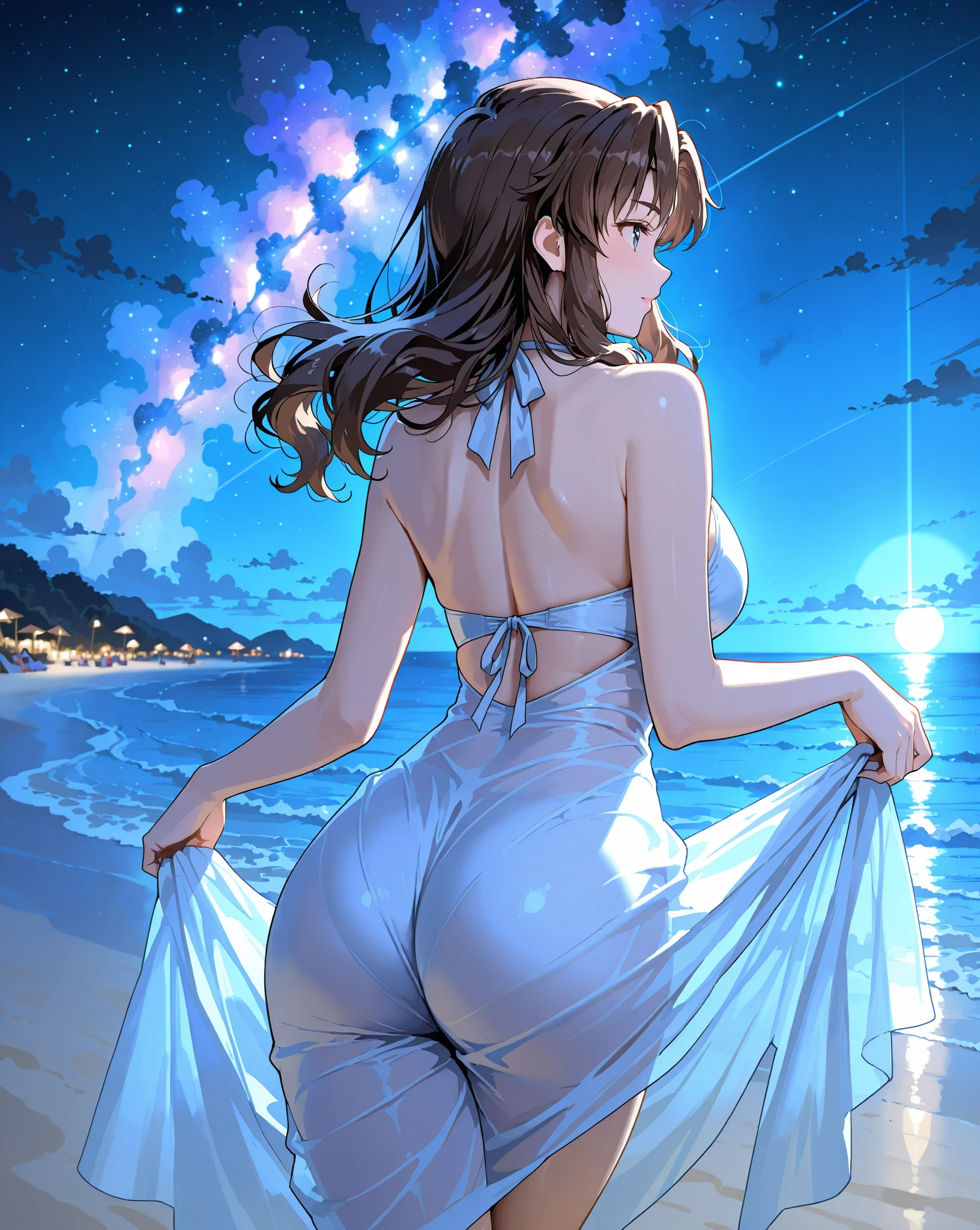 Young girl admiring a starry sky lying on the floor, your splendid body with curves at your waist, big thighs and tanned white skin