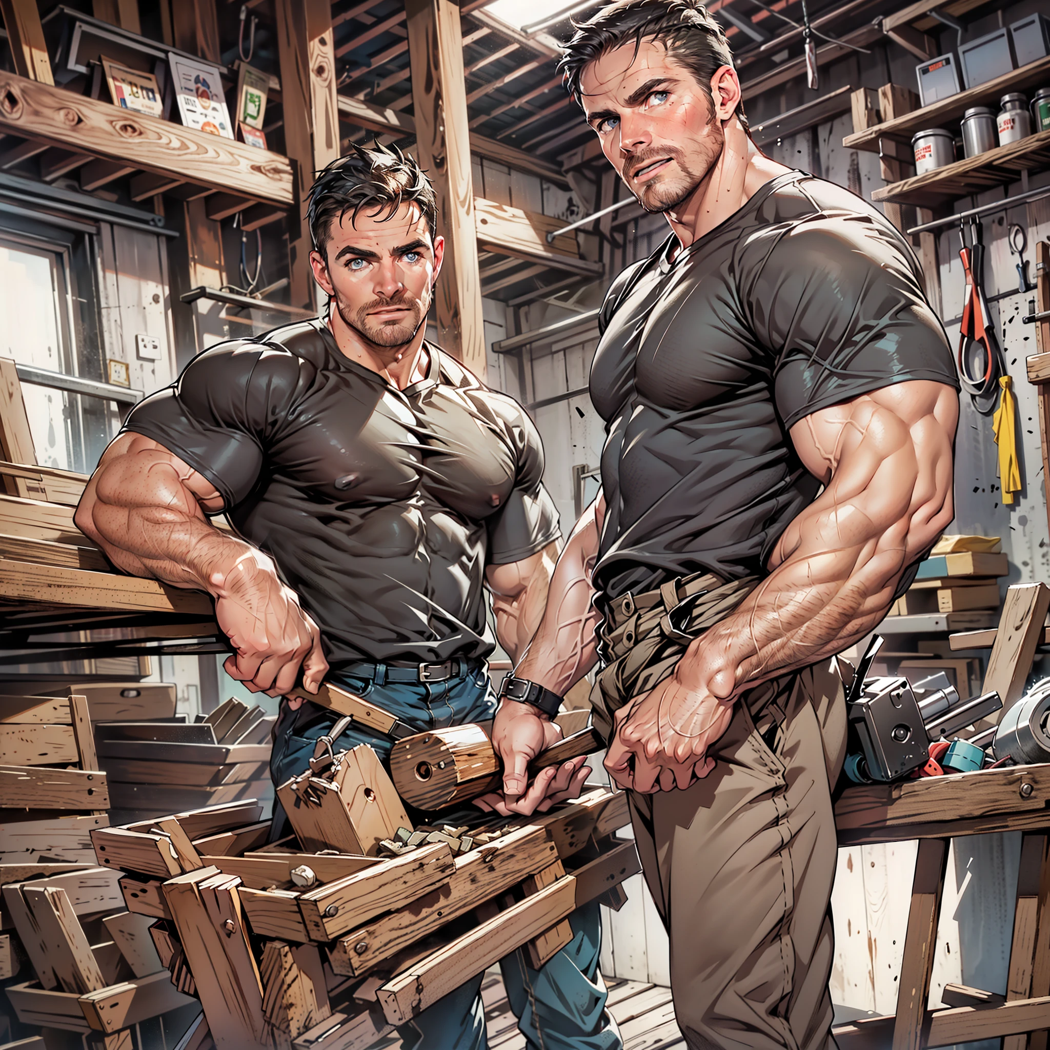 A two muscular Soviet Union soldiers on vacation, hairy body, alpha male, huge biceps, ripped abs, shaggy hair, jeans, mountain spaceport with starships, cuddle together, smile, 4k, high detailed, beautiful, dark age, art by Stanley artgerm, by Daniel f gerhartz, by pino daeni, highly detailed, sharp focus.