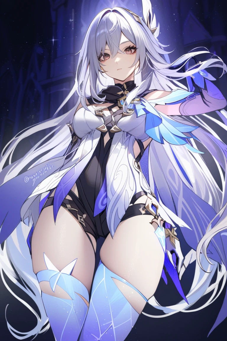 "(Highest quality,High resolution:1.2), Cute Smile, Unusual Point of View, White sweater, Medium Shot, Color decomposition color, shoulder, blush, (Gray Hair), White gloves, White boots, Blue Iris",star空の背景,star,((Detailed depiction of panties)))、Shot of her from below、Dynamic posture、only、High Kick、Attacking with the feet、Superperspective、Wide Shot、shortening、Combat Stance