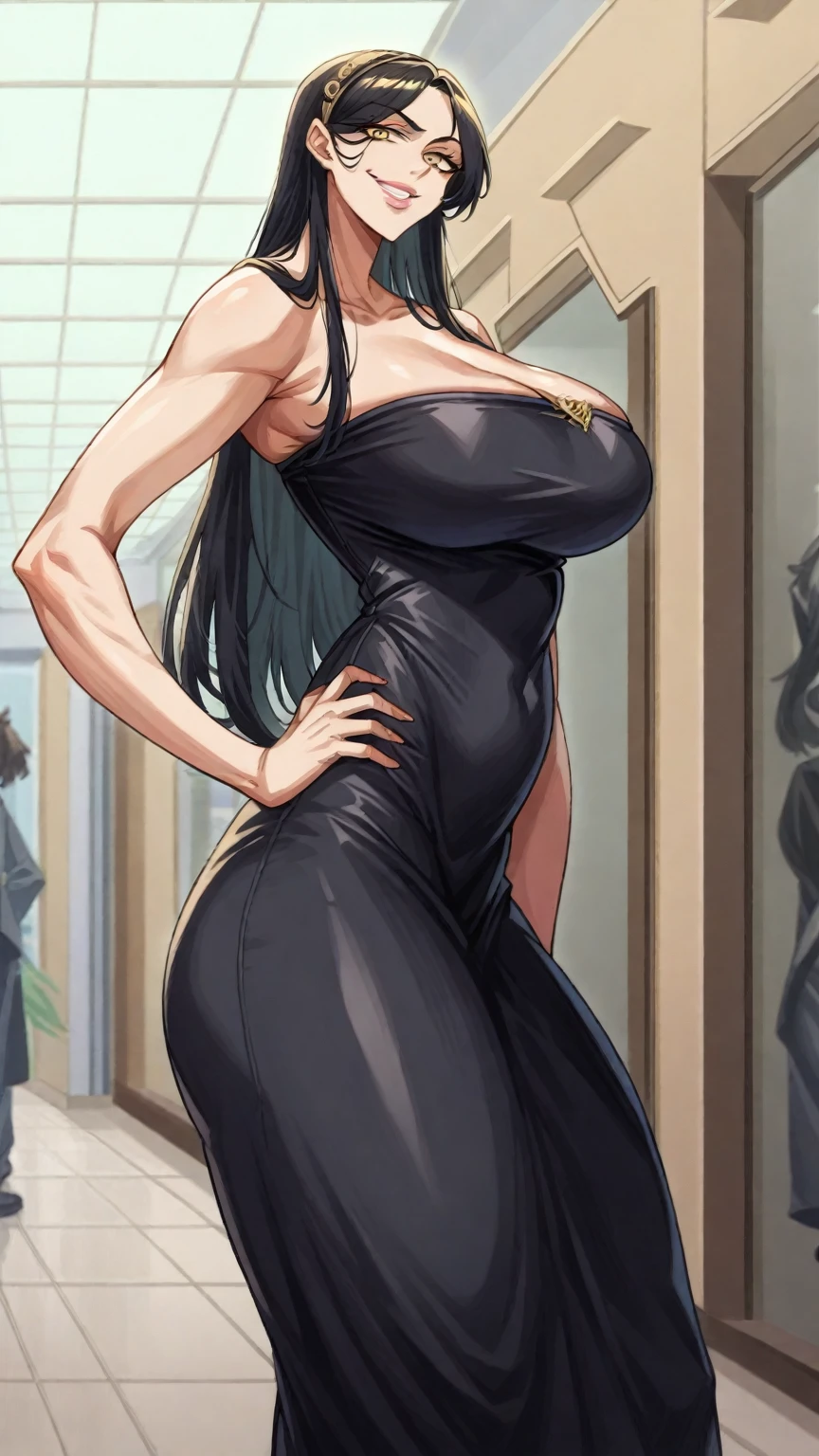 A beautiful woman with big breasts and beautiful legs is standing on a train wearing a dress-like outfit that emphasizes her breasts.。