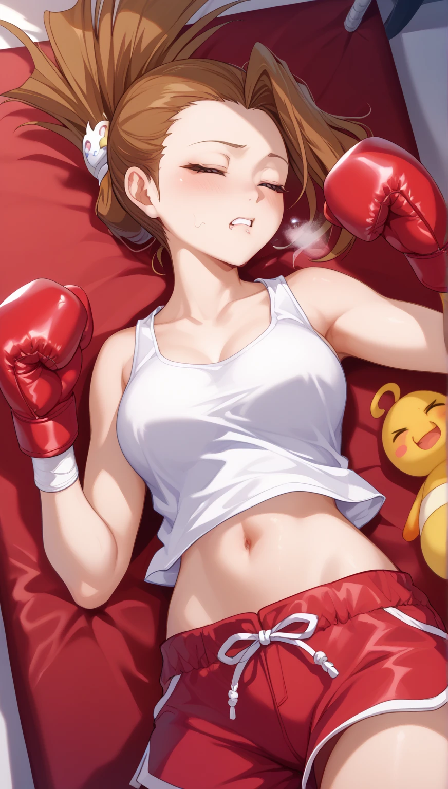 Highest quality，masterpiece，Lying down，sleep，レスリングのリングにLying down, WWE Divas，Wrestling Arena，Wrestling ring background, Boxing ring background, 胎児の姿勢で仰向けにsleep, scratch, Bruising and bleeding, Lack of stamina, Ryona, Hitting a girl, death is near，タケユカ 超ロングヘア ヘアribbon, Frilled shirt, Underbust, ribbon, Fingerless gloves, White gloves, Waist apron, Orange Skirt, socks, Toeless legwear，winner, Nice, winner, (Moaning , Open your mouth), ((Leaning on the ground, 仰向けにsleep, 地面にsleep, lose consciousness, Unconscious, Bend your knees，please lower your arms)), (Long belly), (Clenched fist, Tilt your head),