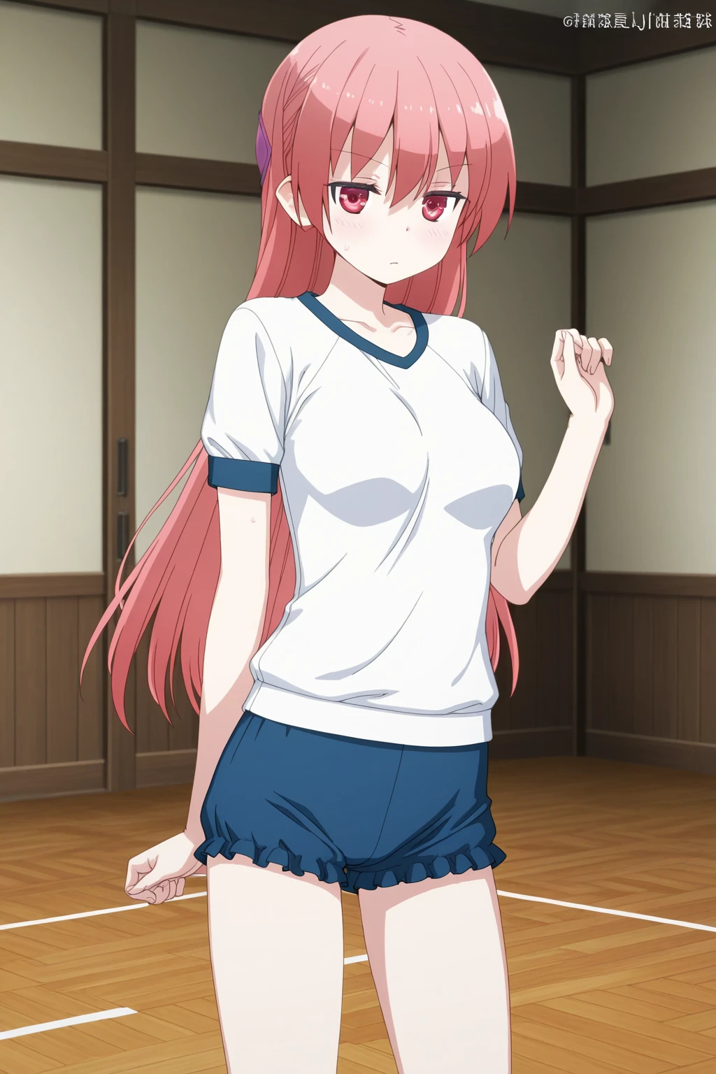 Tsukasa, 1girl, cowboy shot, white shirt, twin braids, twintails, sleeveless, (off shoulder), ((blue shorts)), braid, indoors, bare shoulders, hair patch, cherry print, looking at viewer, smile, off-shoulder shirt, bare legs, print shirt