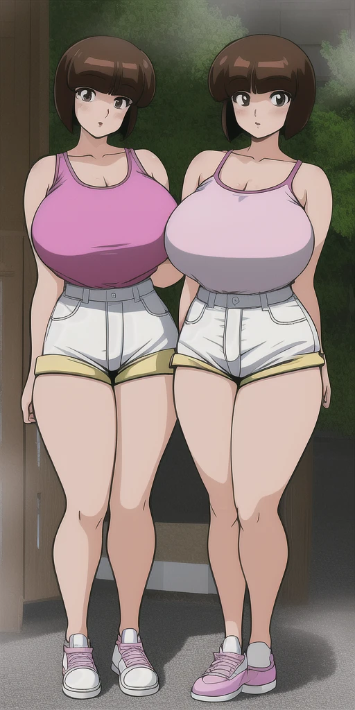 masterpiece, highest quality, High resolution, One Girl, alone, sexual intercourse, Pornographic images, short hair, etsukoto, Fine grain, fine grain, (((Thick thighs, Plump thighs, Voluptuous thighs, Thighs are enough))), Big and ample breasts, Cleavage, Huge long breasts, Naughty big,((Big breasts are important))、((Naughty thighs)), L Cup, (thin:1.4),(Tight waist:1.4), ((white swimsuit, highleg swimsuit)), (((Simple Background))), ((Wide Hips, Big Ass)), Shiny oily skin, Mature mother, Calf, Seductive mature woman, Perfect body, (((Thick))), Plus Size Model, etsukoto, blush, clavicle, retro artstyle, 1990s (style), (((half bare pussy))), pussy focus, ((nsfw)),