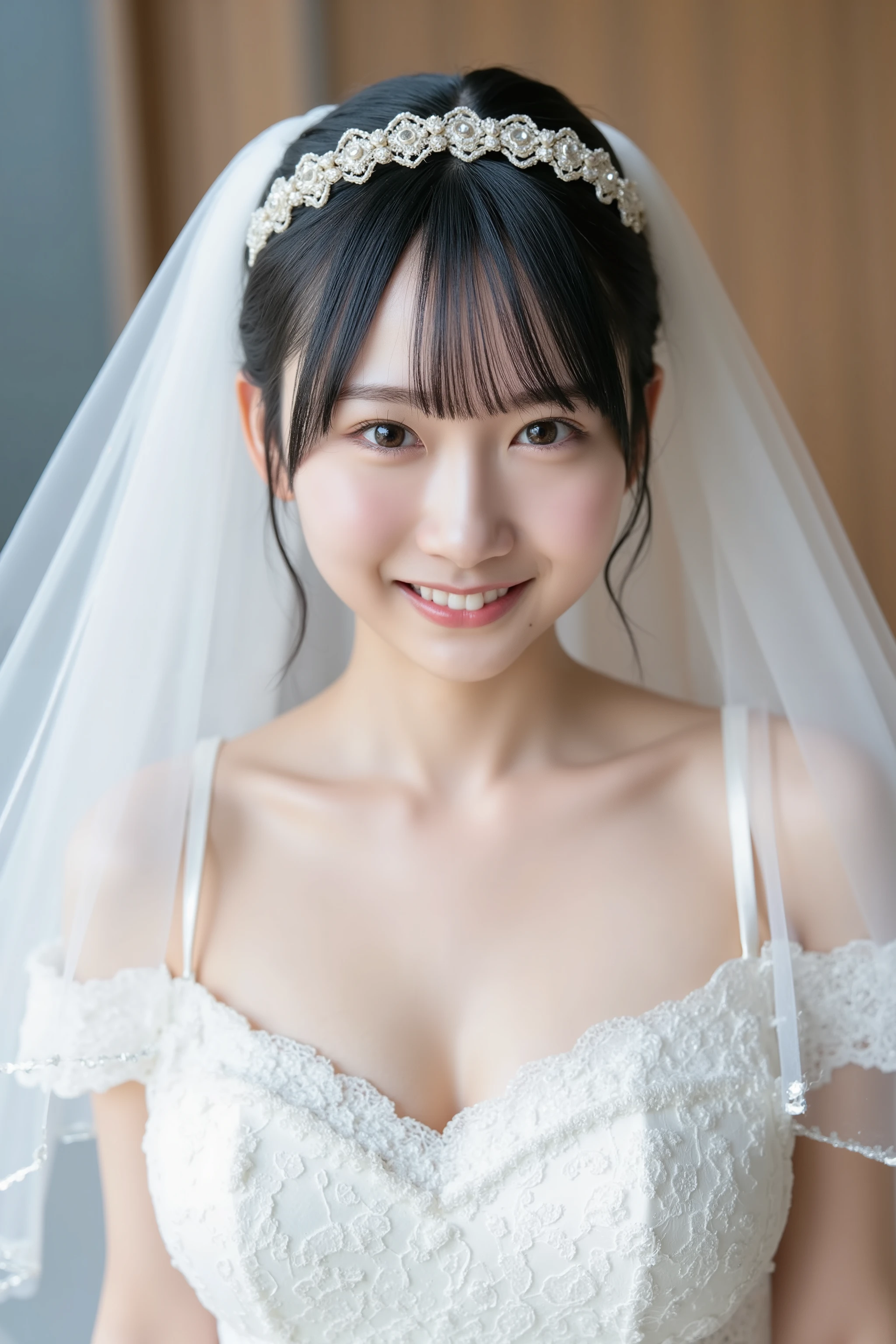 This photo captures a beautiful Japanese woman. White lace off-the-shoulder wedding dress, wedding veil,
The image is very high resolution, with clear skin texture.
The focus is very sharp and focused on her face.
This is an ultra-high resolution image.
Her facial expression is sexy.
She is facing forward.
She has shiny black hair.
Her skin is beautiful, fair, fine-grained, and even.
Her breasts are medium and firm.
office, city view, Skyscraper
Her breasts are medium and firm.
office, city view, Skyscraper
