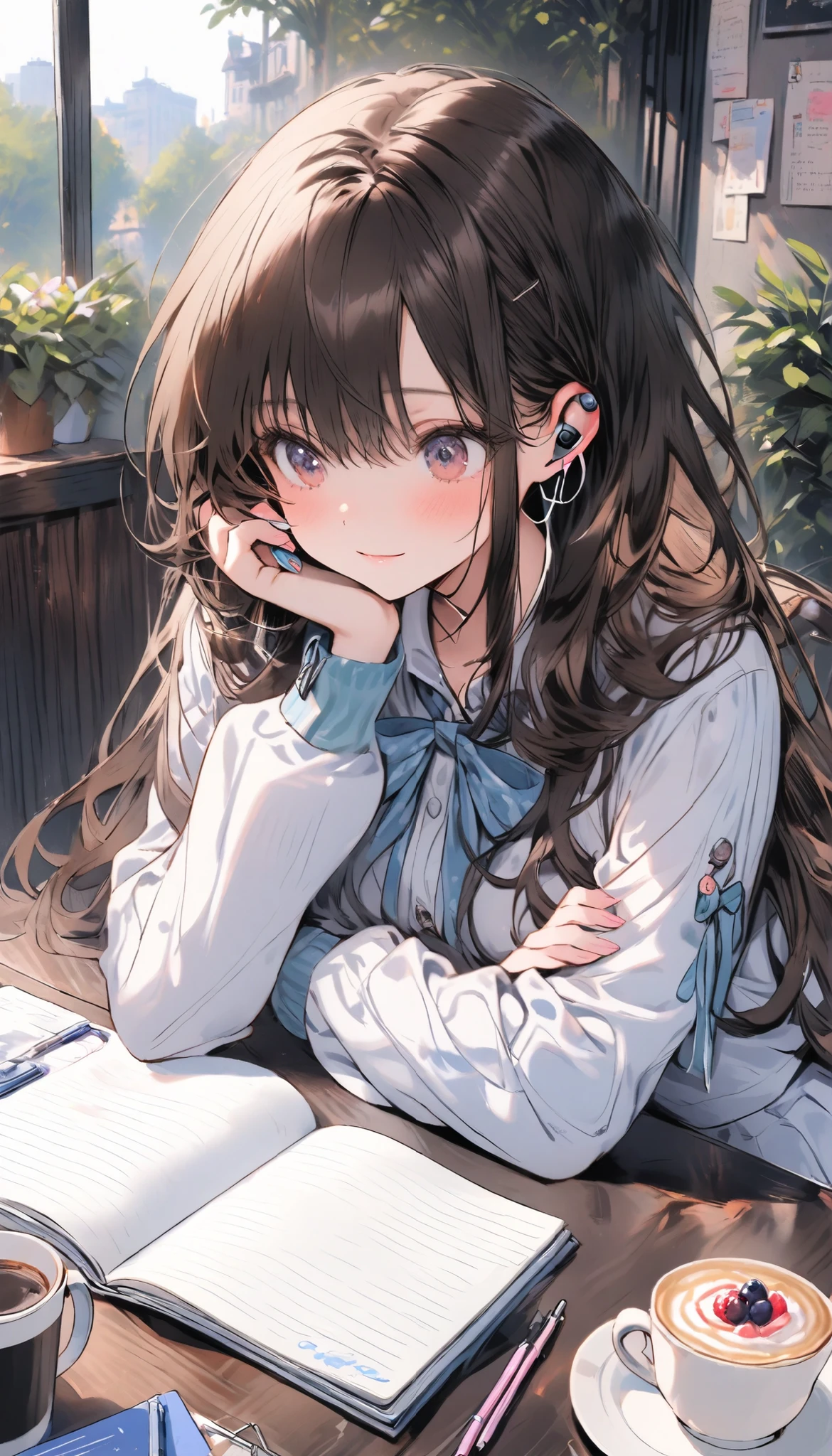 Wall East ,Brown-haired teenager,Looking for a moment of tranquility in an afternoon cafe or natural space,Coffee and cake on table,Preppy style,Creamy face,notebook、Simple stationery、earphone