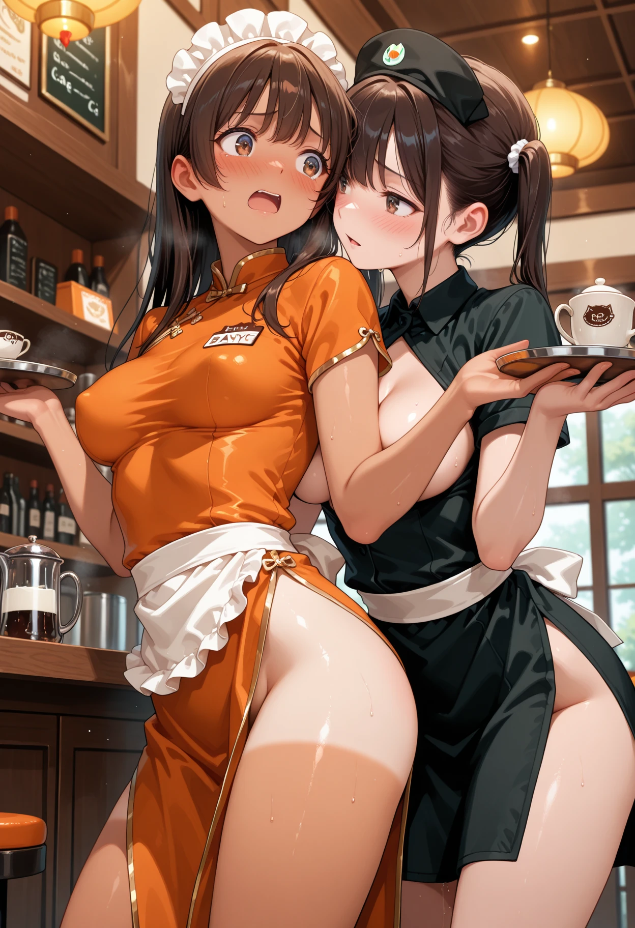 ((Master quality, 8K, masterpiece:1.3, ultra-detailed, high resolution, RAW Photos, detailed , blurry, Actual, hyper realistic, photo, HDR)), BREAK, Anatomically perfect, perfect hands, perfect legs, perfect feet, detailed eyes, BREAK, , twintails, becky, One woman alone, BREAK, beautiful face, beautiful detailed eyes, ((( Standing backwards, looking back, Cooking in the kitchen, ))), , ( Round and Stacked Breasts, ), Cleavage, curvy, (((blush, seductive smile ))), Sweat-soaked skin, BREAK, wearing( maid headdress, maid uniform, skirt lift by myself , Loincloth fundoshi,, Soaking Wet:1.5, ), , Graffiti art, BREAK, ( Random Angle, full-body, ), dynamic angle, , background(Realistic , cinematic lighting, depth of field, ,A well-established coffee shop, kitchen, A flirty atmosphere, sunset, , light particles)