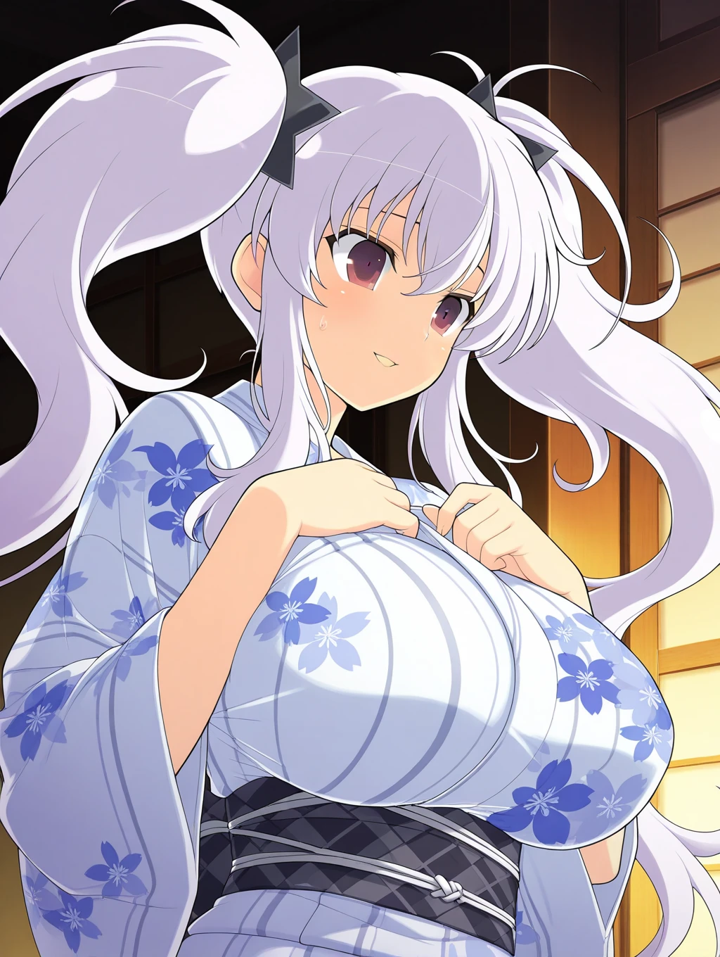 Fox Woman、body covered with fur、huge-breasted、kawaii、shrine maiden、Japan white clothes,Red Hakama、torii gate,summer day、From below、Wide Shot、A big smile、bbw、thick thight、big butts、Ultramammy