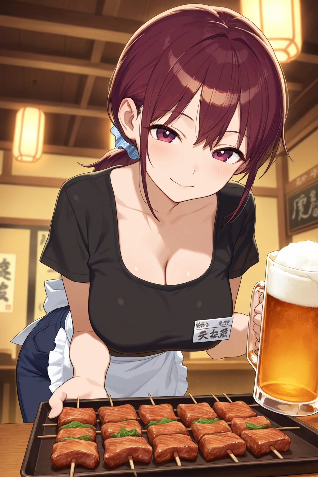 Woman, orange hair, big breasts, t-shirt, thick legs, izakaya, sitting on a chair, beer mug in right hand, smiling, red face, fun, happy, energetic, innocent, toast, drunk, no underwear