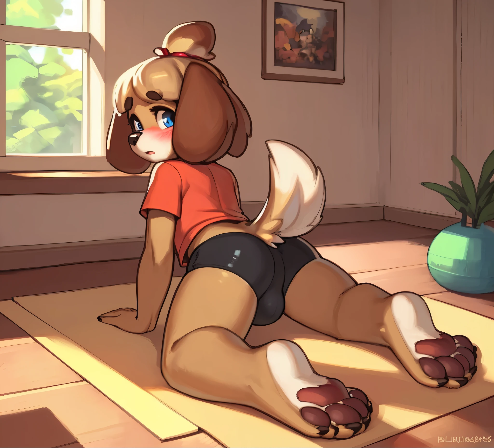 [isaCrossing], [Isabelle; Animal Crossing], [Uploaded to e621.net; (Pixelsketcher), (wamudraws)], ((masterpiece)), ((solo portrait)), ((back view)), ((feet visible)), ((furry; anthro)), ((detailed fur)), ((detailed shading)), ((beautiful render art)), {anthro; yellow fur, black nose, small brown eyebrows, cute surprised blue eyes, surprised, (blushing), blonde hair, (bells in hair), topknot, fluffy tail, (beautiful feet), (paw pads), (camel toe)}, {(red ribbon), (green sports bra), (black spandex yoga pants)}, {(on yoga mat), (all fours), (ass raised in air)}, [background; (living room), (window), (sun rays)]