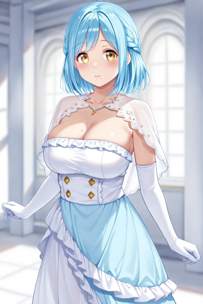 1girl in, fox ear, light blue short hair,bangs pinned back,Ahoge,Colored inner hair, Yellow eyes,Cute, blush, medium breasts, smile, celebrationwear, shopping street