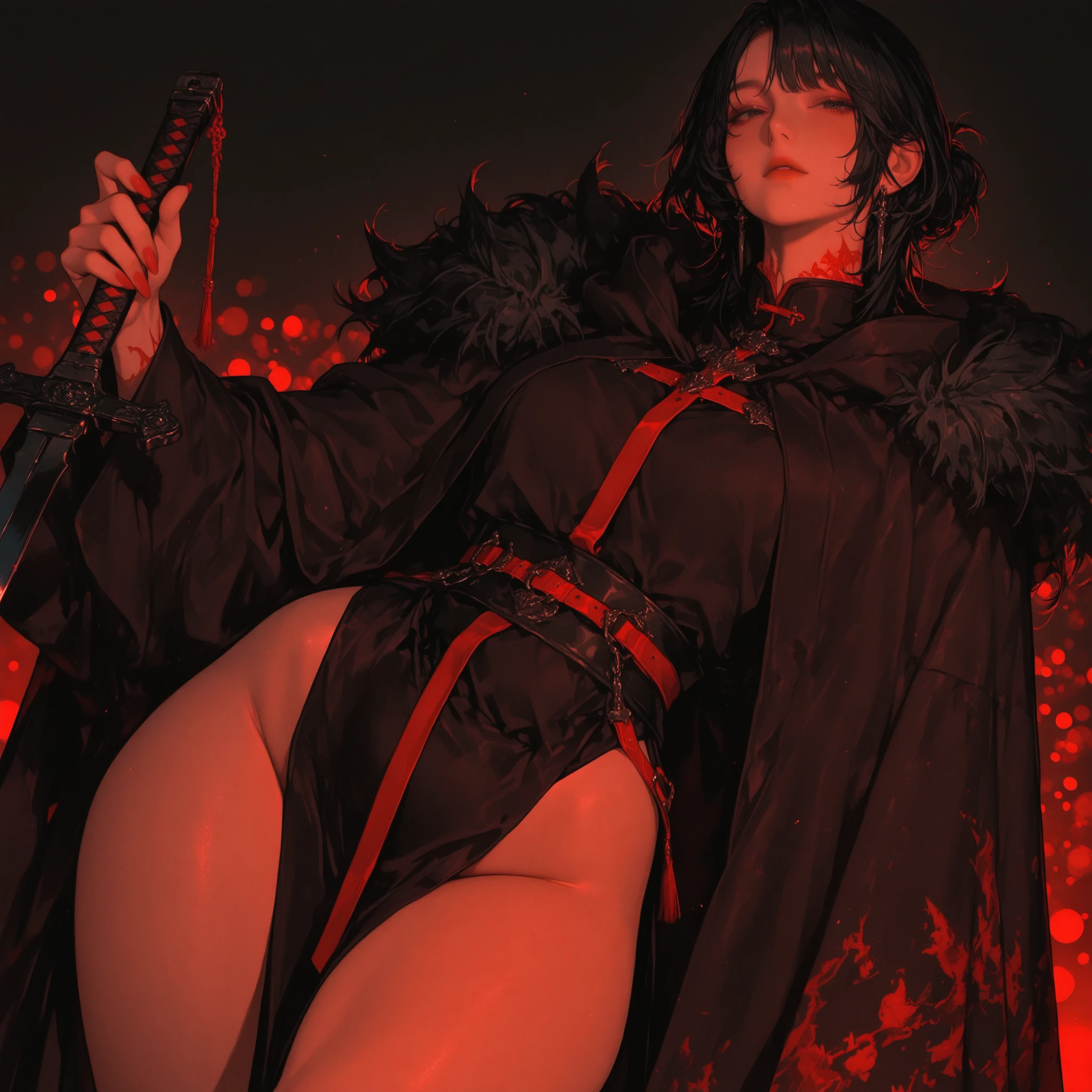 create a male anime character, 1,85 with a strong physical body and a sword in its sheath, his clothes are just black pants and boots, he has crimson red eyes and black hair. (make a simple red background)