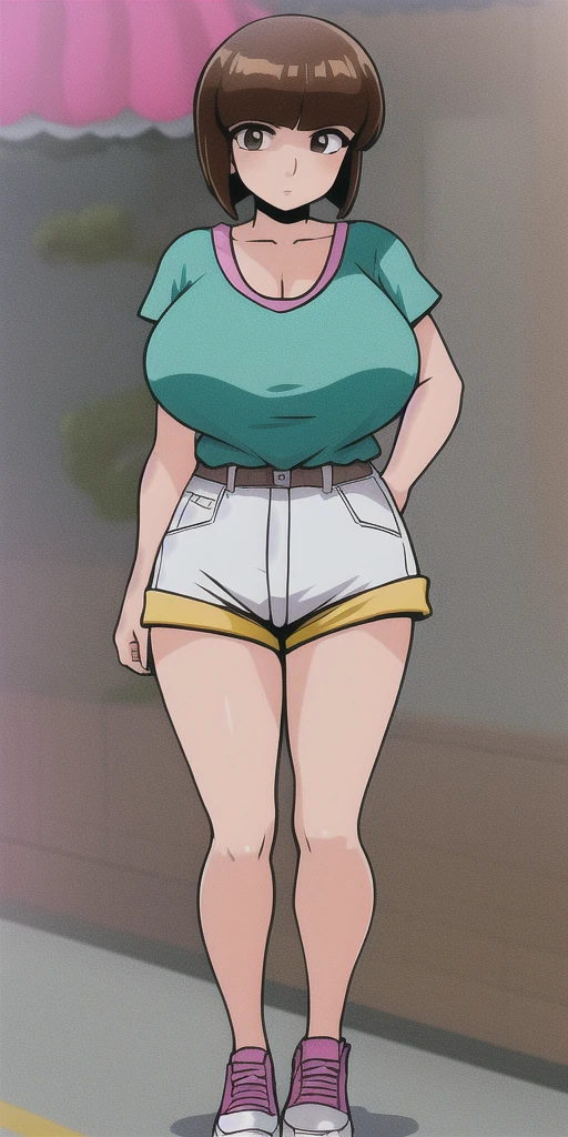 best quality, 4k, ((masterpiece)), extremely detailed, 8k, trending on ArtStation, Intricate, High Detail, Sharp focus, mstwng <lora:mstwng:0.8>, 1girl, solo, cowboy shot, (shirt, t-shirt), white background, (simple background), highleg, bikini bottom, thick thighs, wide hips, pale skin