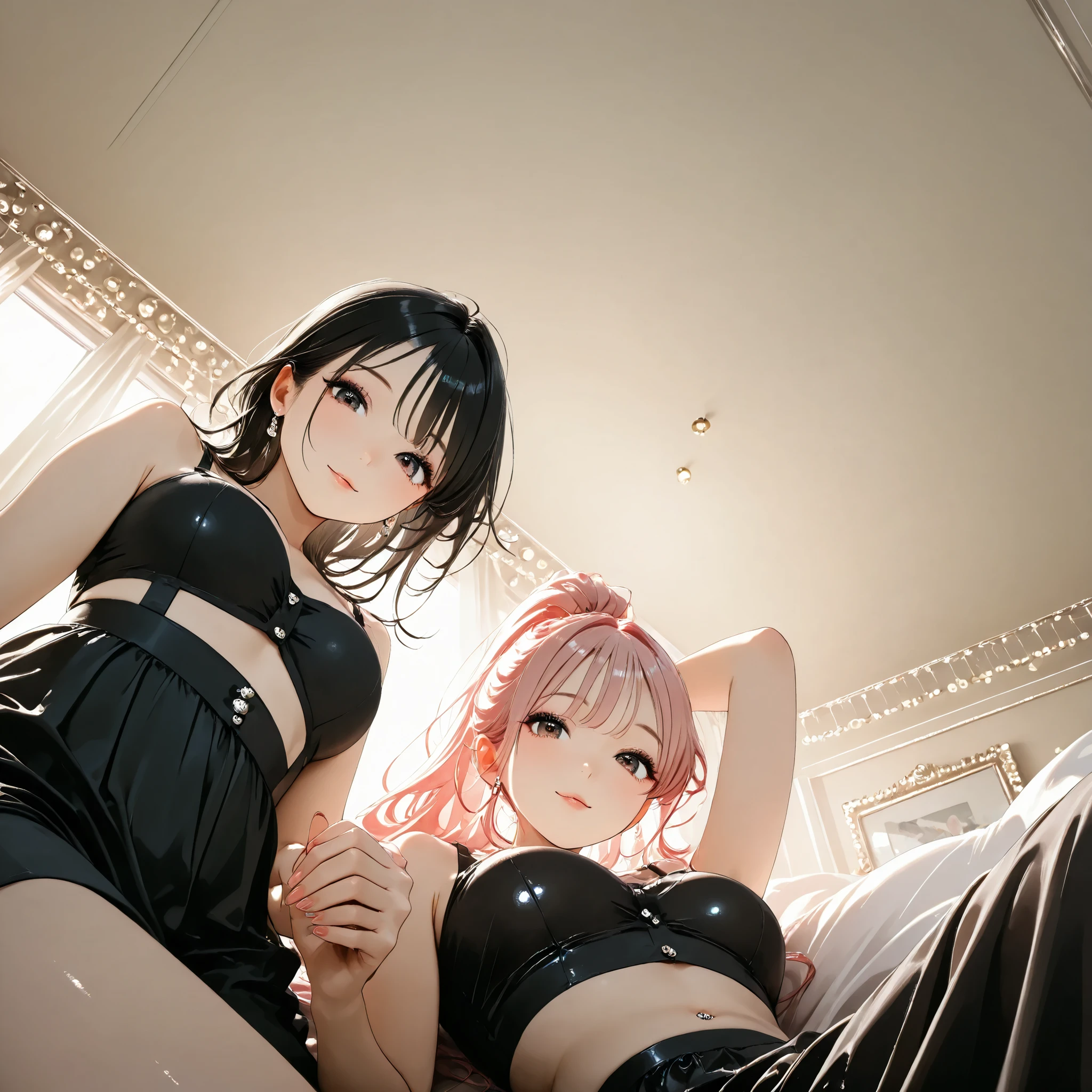 (2 girls:1.9), (2 girls hugging:1.5),(Huddle together:1.5), (Lying on a luxury bed:1.5), (Swimsuit:1.5)、(Butt:1.5), (2 girls:1.5), (Holding hands:1.5)、(crying:1.5),(masterpiece, Highest quality:1.2), (cowboy shot:1.3), (Highest quality: 1.5), ((Intensive、Close Contact:1.5)), (masterpiece: 1.5), (2.5D)、8k, Official Art, RAW Photos, (((Skin glowing with oil:1.3)))、(A lot of milk all over my body:1.5)、 (best quality:1.2), (arms up, open legs:1.3), ((Sad:1.3))、(Beautiful night view, Huge windows, Luxury bed:1.3)、Soft Light, Beautiful and slim,Lift your hips high, Elegant and sexy, ((((Wet)))), 