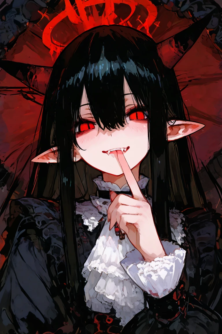 ((best quality)), ((masterpiece)), (detailed), 4k dark gothic horror style, Halloween style, very small goblin girl, green skin, pointy ears, short purple hair with black streaks pixie hairstyle, bright red eyes, in a dark gothic castle, cinematic dark lighting, stark lighting, dim, wearing ornate black lace lingerie, very long purple silk cape, slight seductive smile, looking at viewer, wearing black lace veil over face