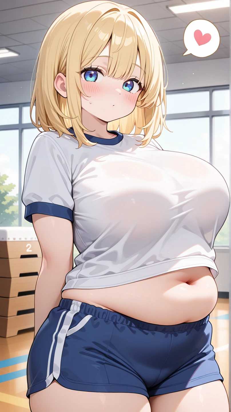 ((highres)), Masterpiece, high quality, best quality, beautiful, perfect lighting, detailed face, ultra cute face, looking at viewer, embarrassed, blushing, 1girl, chubby belly, thick thighs, wide hips, art by kipteitei, blonde hair, short hair, messy hair, shorts, crop top, arms behind back, simple background, gradient background,