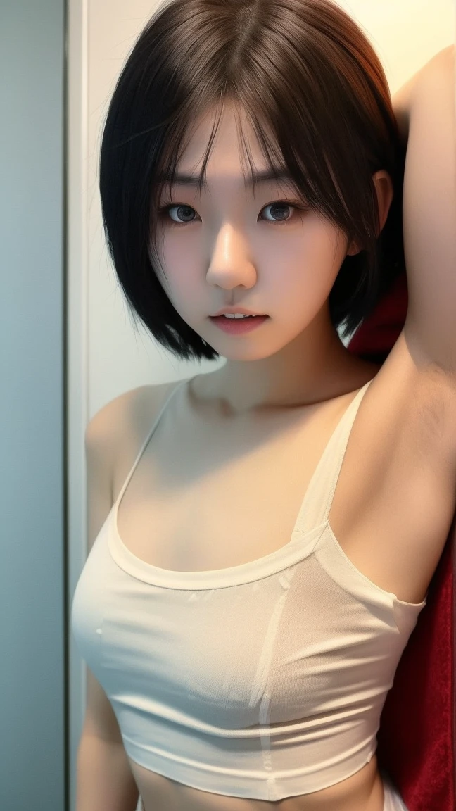 (((Beautiful girl small breasts))), Portrait 1 Young Woman ,sf, Cute face,Long eyelashes,Complex background punk, , Futuristic, Post-apocalyptic, dark, 薄dark光, ((masterpiece, Highest quality, )),(((Nipples exposed through the gap in her clothes))),,(((Small nipples))),(((Small areola))),(((Nipple details))),The neon-lit streets of a cyberpunk metropolis, Ignoring the boundaries between reality and technology、Sweaty