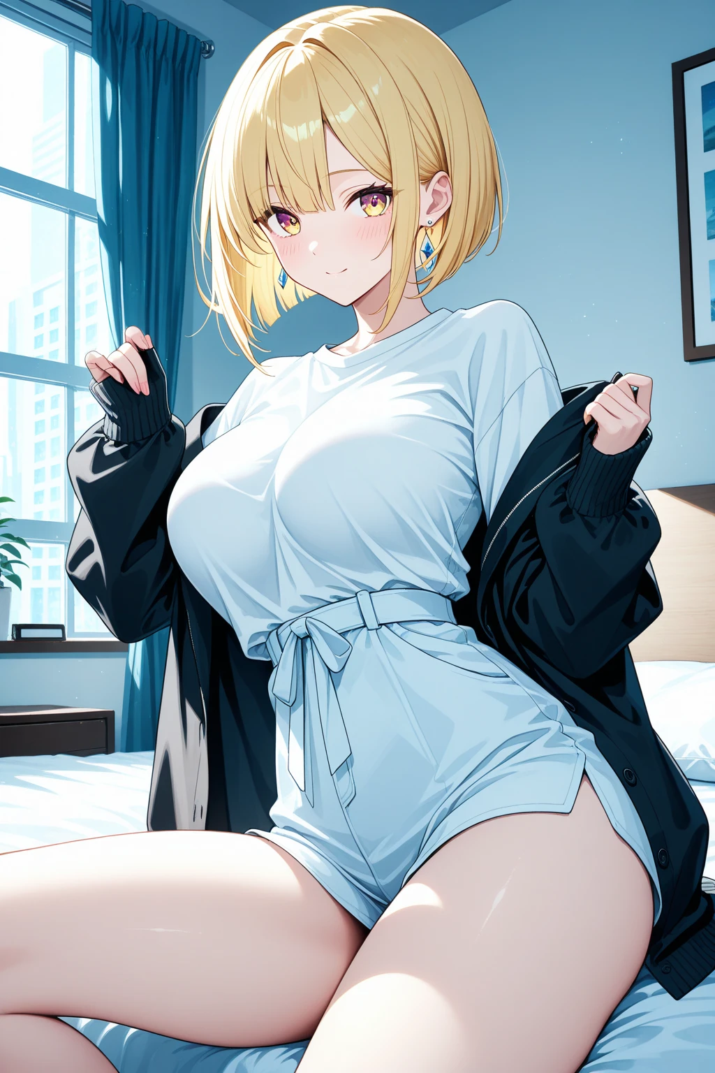 2D Anime Style、Blue eyes、breasts are slightly larger、A cool adult woman with short blonde hair comes home with a tired expression.,In the bedroom, take off tops and shorts that show your stomach and walk around in your underwear.