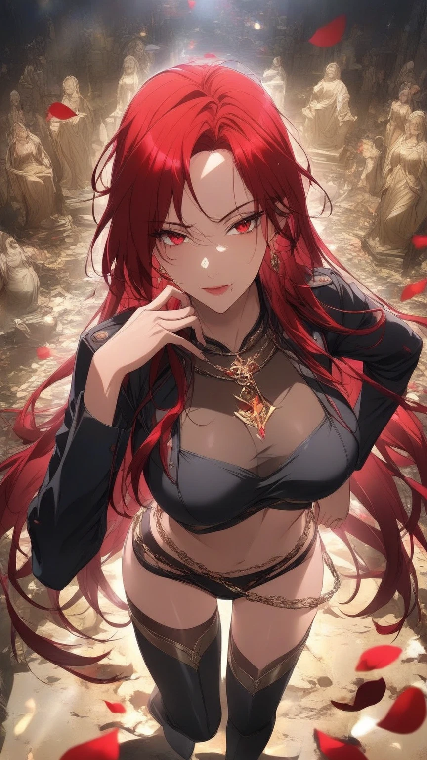 red hair,purple eyes, gown, 1girl, breasts, jewelry,, pink dress, side ponytail, necklace, solo, hair ornament, cleavage, sidelocks, bare shoulders, cloudy night, earrings, revealing clothes, bangs, hairclip, looking at viewer, large breasts, thighs, simple background, bracelet, , purple eyes, cowboy shot, parted lips, squatting, halterneck, (at an ice hotel:1.2)