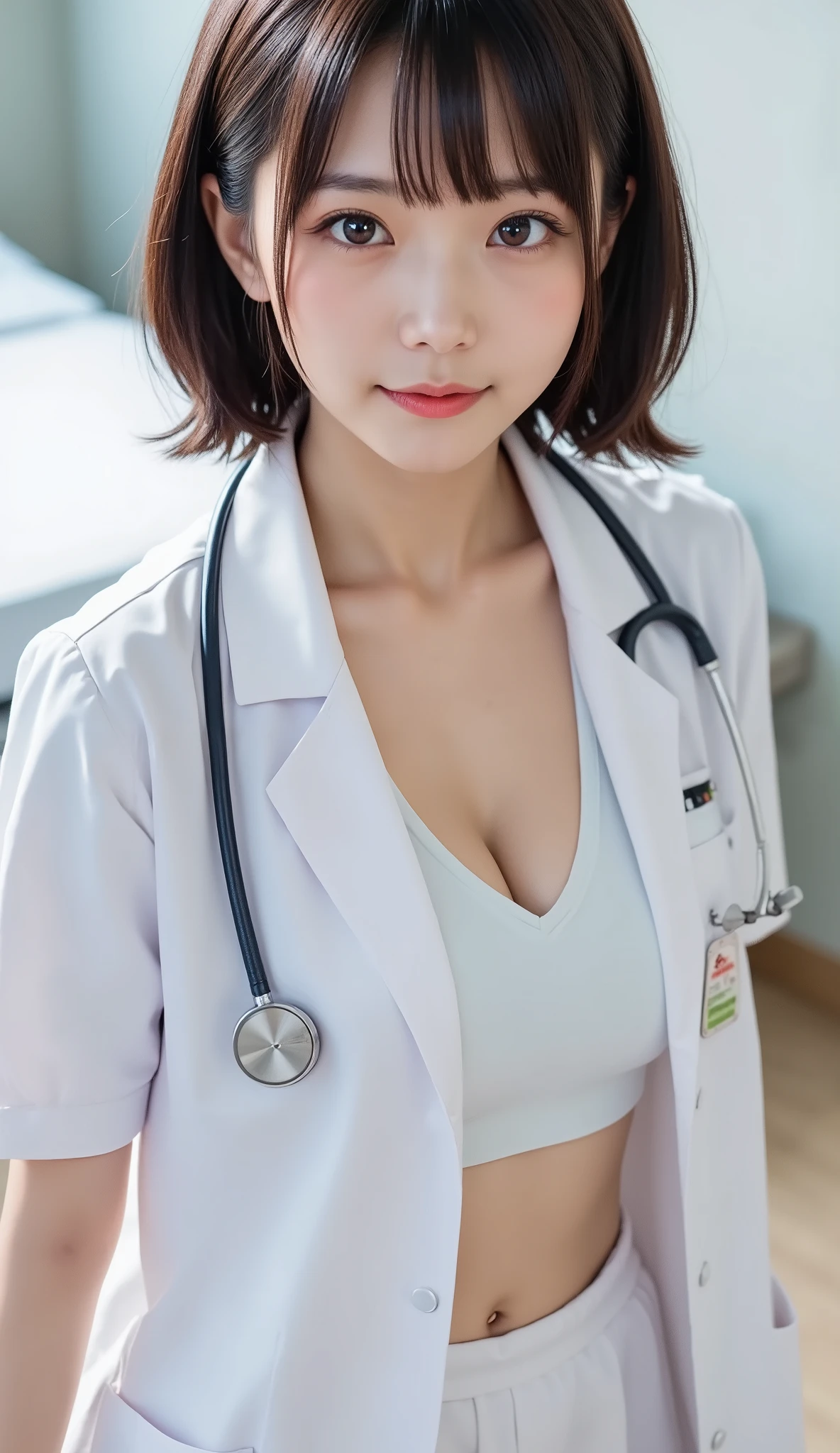 Upper body photo、(4K, 8k, best quality, masterpiece:1.2), (realistic, RAW photo:1.0), ((The body is facing forward:1.3)), Large Breasts、G-cup breasts、Cleavage spilling out from the blue shirt、28age、Very beautiful woman、Ponytail Hair、 (female docter, dressed in a professional white lab coat, Inner is wearing a blue shirt):1.5、1 girl,独奏, beautiful skin, realistic natural light, women,sexy、The shirt doesn't come off、Outdoors in the sunlight、Wearing a skirt、looking at the camera