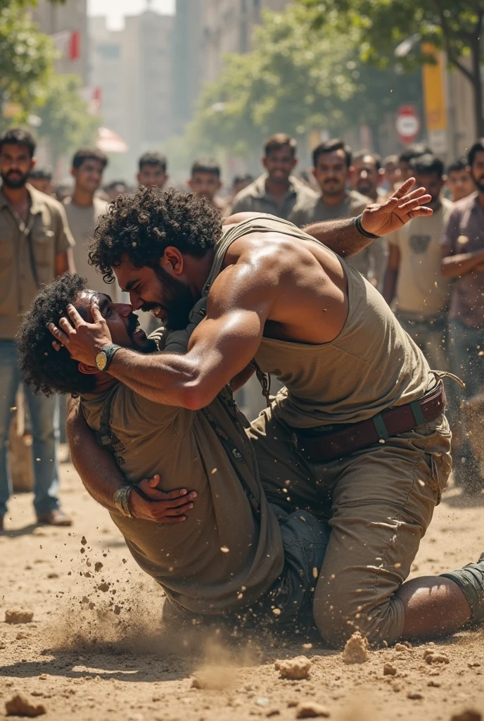 Big hairy bearded strong muscular Persian men standing in white underwear, lying on the ground fighting in the lot behind a white house, Sandy ground, a big tree and white walls in the background. Boys sitting on the floor watching.