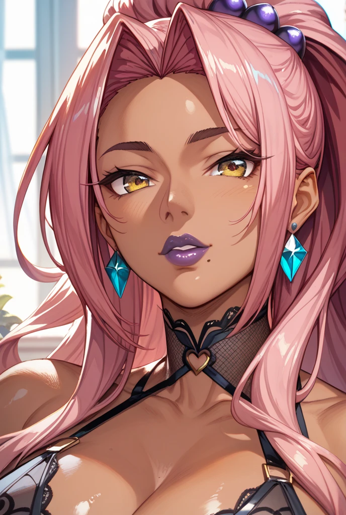 Score_9, score_8_up, score_7_up, score_6_up, score_5_up, score_4_up, source_anime, solo, 1girl, mature female, honoka_\(DOA\), dark skin, dark-skinned female, makeup, eyeshadow, Ganguro, dark skin, dark-skinned female,  eyeshadow, piercings, tanned skin, shiny skin, metallic tan,
