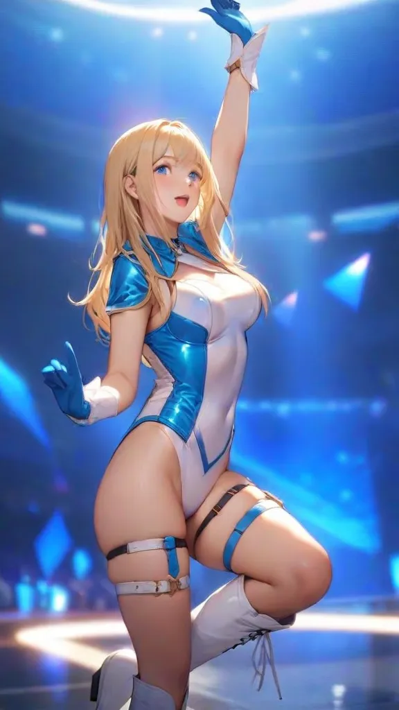 (quality)), ((masterpiece)), Recommended resultsluffly、:1.5)、all the way backward、(Keep hips forward:1.)、angle to floor:1.2、low camera angle、There is  flowing out of the crotch、Whole body back to the  camera，Hair can be seen on the crotch，White skin，naked，huge upper body，huge bust  supergirl costume， on stage , strip club , Shy, ,White transparent skin，blue eyes , topless , braless , naked , back to camera , bent over , legs open wide 