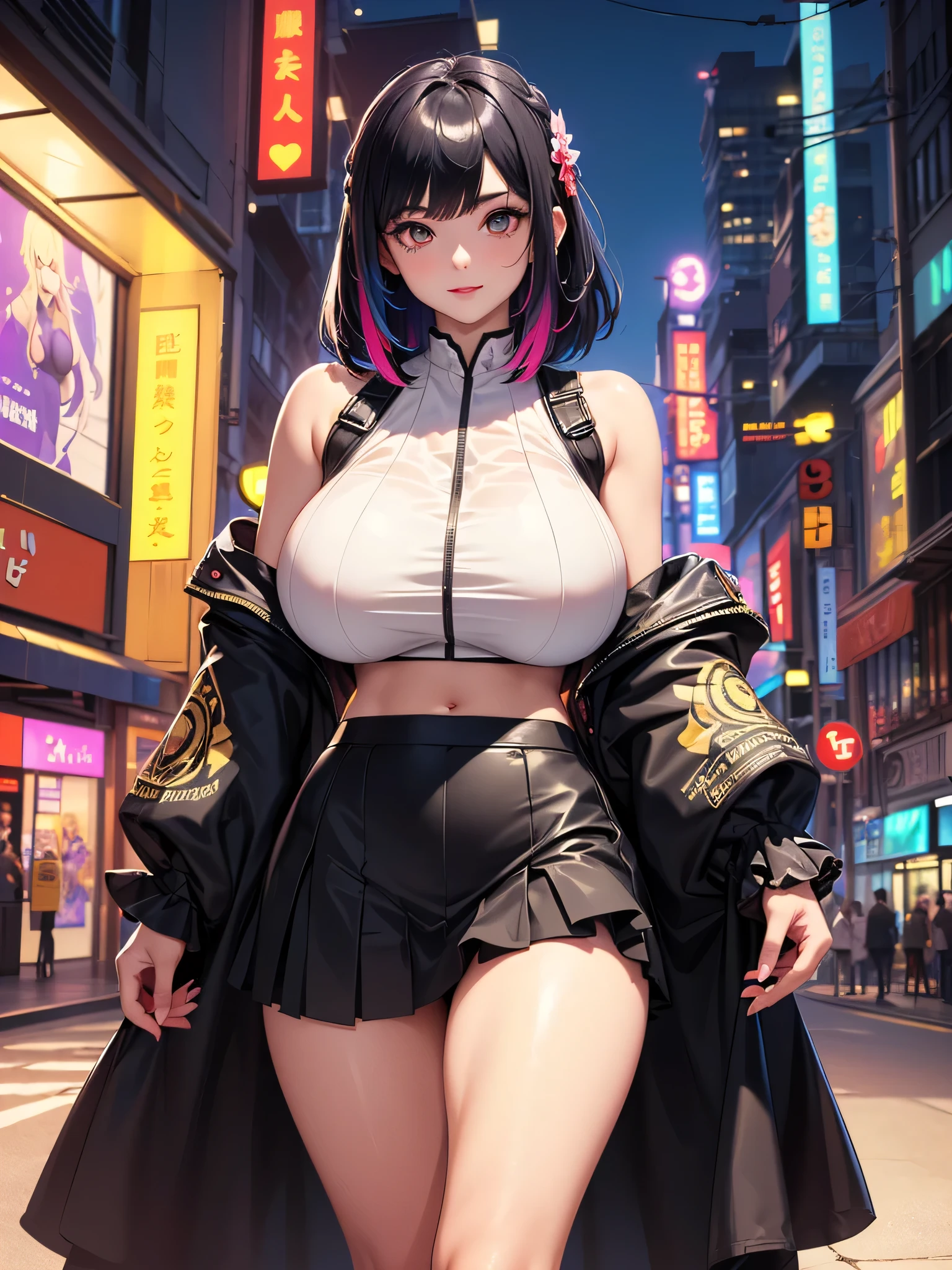 Un personaje de anime Nezuko Manado Kimetsu no Naiba Wiki, Pose de lucha, De pie en una calle de Neotokio, Vibrant and full neon lights, hiper detallado, Tiendas abarrotadas, Cabinas retro, Anuncios manga. Dazzling Japanese underground mega city, Mechas y hologramas de anime mezclados con serenos jardines zen, Harmony of ancient tradition and the future of science fiction, Detalles hiper intrincados, Maximum resolution, proporciones perfectas, hipersexual, Pezones erectos, pecho grande, bubble buttocks, Ropa reveladora, Sexualidad plena, hyper perfect body, hyper perfect hands, neckline barely revealing nipples, barely revealing pussy