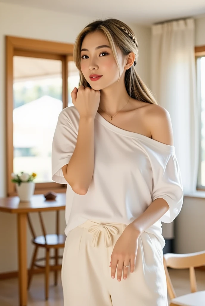 masterpiece, highest quality, 4K, Ultra-high resolution, mishoujo, Painting, Beautiful eyes and fine face, figure, Beautiful details, high resolution figure, Shine_white_particle, One girl, Small breasts、Large Breasts、High 、Japanese、Japanese Idols、A kind smile、
