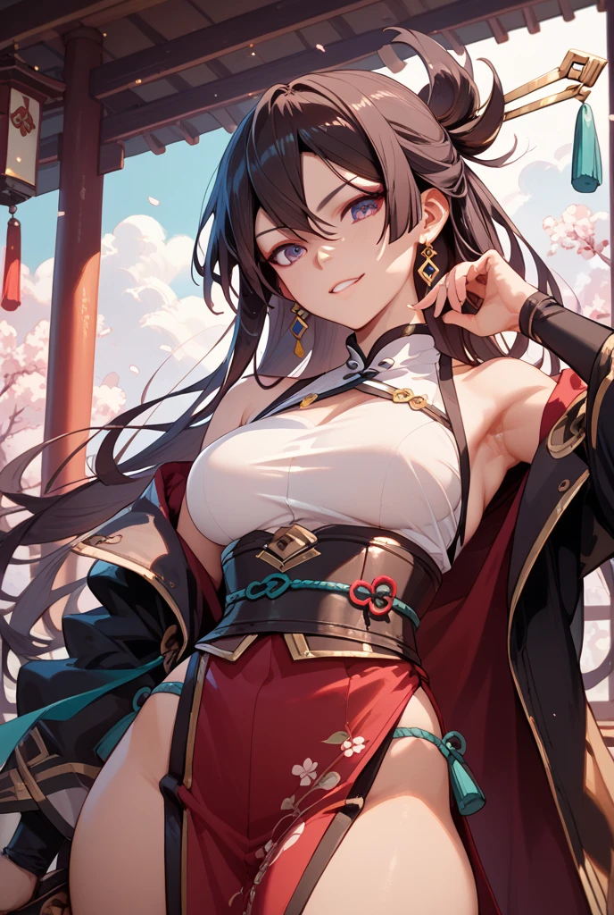 defbeatrix, ponytail, large breasts, masterpiece, best quality, highly detailed, a anime girls in kimono dress with a sword posing for a
picture, bare shoulder,open kimono, evil smile, open mouth, crop top , (nsfw) not safe for work, smile,
ecchi anime style, anime girls, ecchi style, ecchi, digital anime art!!, in anime style, official artwork, visual
novel cg, beautiful anime girl, anime style 4 k, kimono pencil skirt, exposed belly, exposed navel,
exposed midriff, exposed lower belly, outdoor, japanese architecture, temple