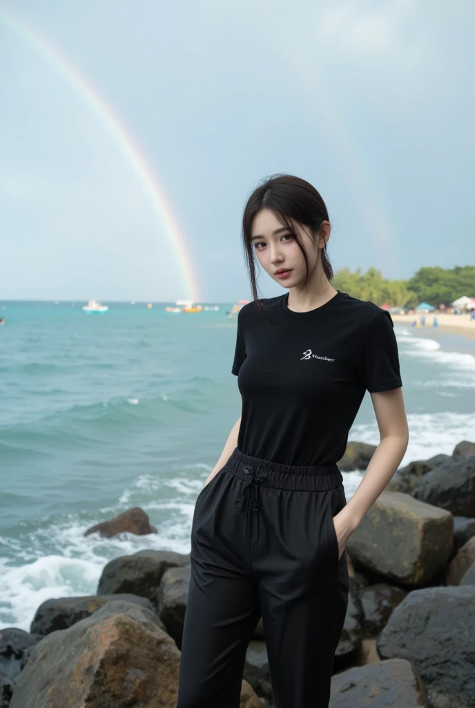 (Ultra Realistic), (Illustration), (Increased Resolution), (8K), (Extremely Detailed), (Best Illustration), Beautiful and cute girl, clear face, Wear sports clothes, And Sports shirts  Colored black, sports shoes, light brown hair, light blue eyes, korean girl, Being in the field is sitting.