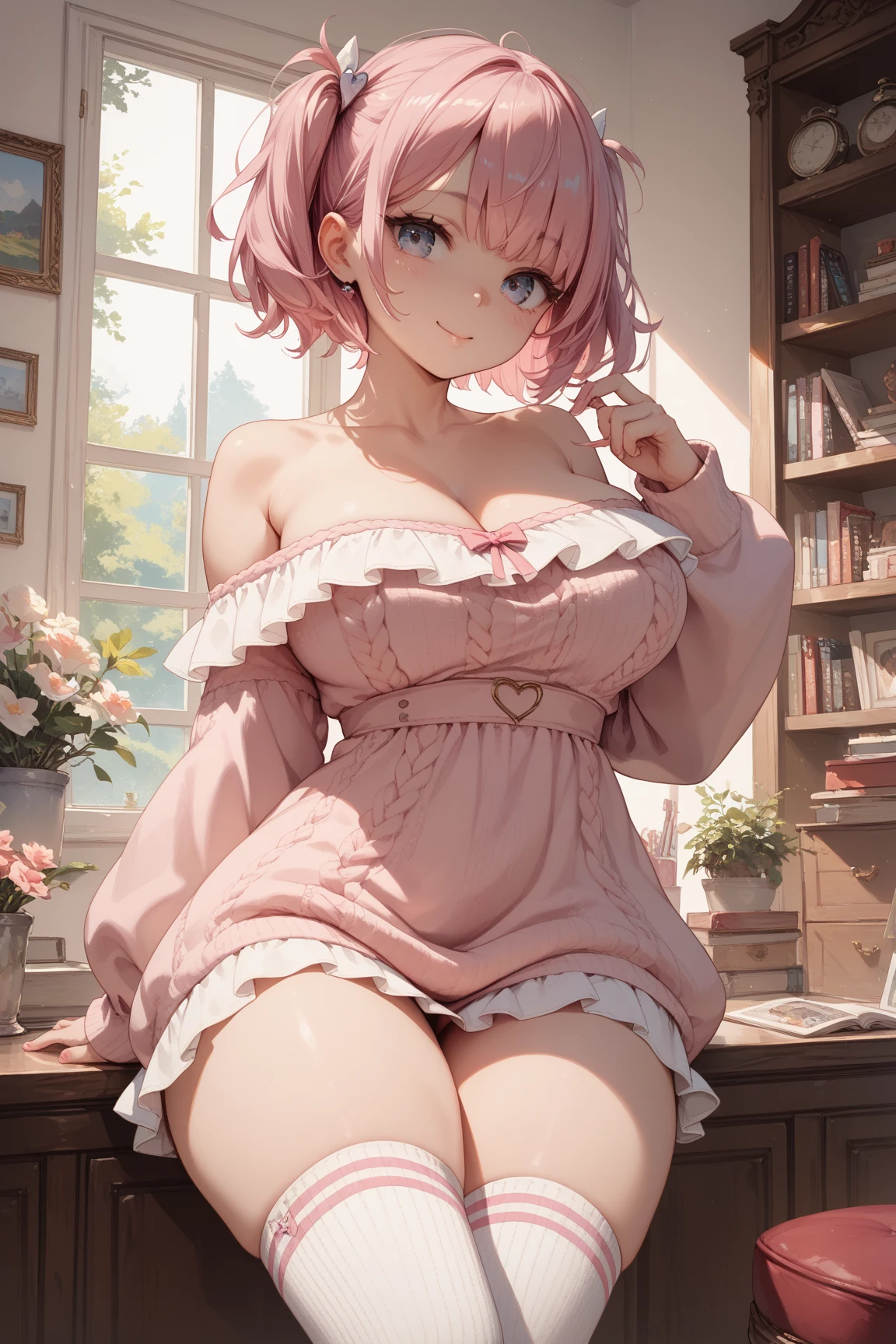 (((Correct human anatomy)))(((detailed fingers)))(((perfect toes))) Scenario: Room with a bookshelf, a young girl with an angelic and innocent face, black short hair, with a sensual body in her pink dress lying on her bed reading 1 comic book (((exposed vagina))) (((slightly exposed breasts)))(((detailed pink dress)))(((detailed magazine)))
