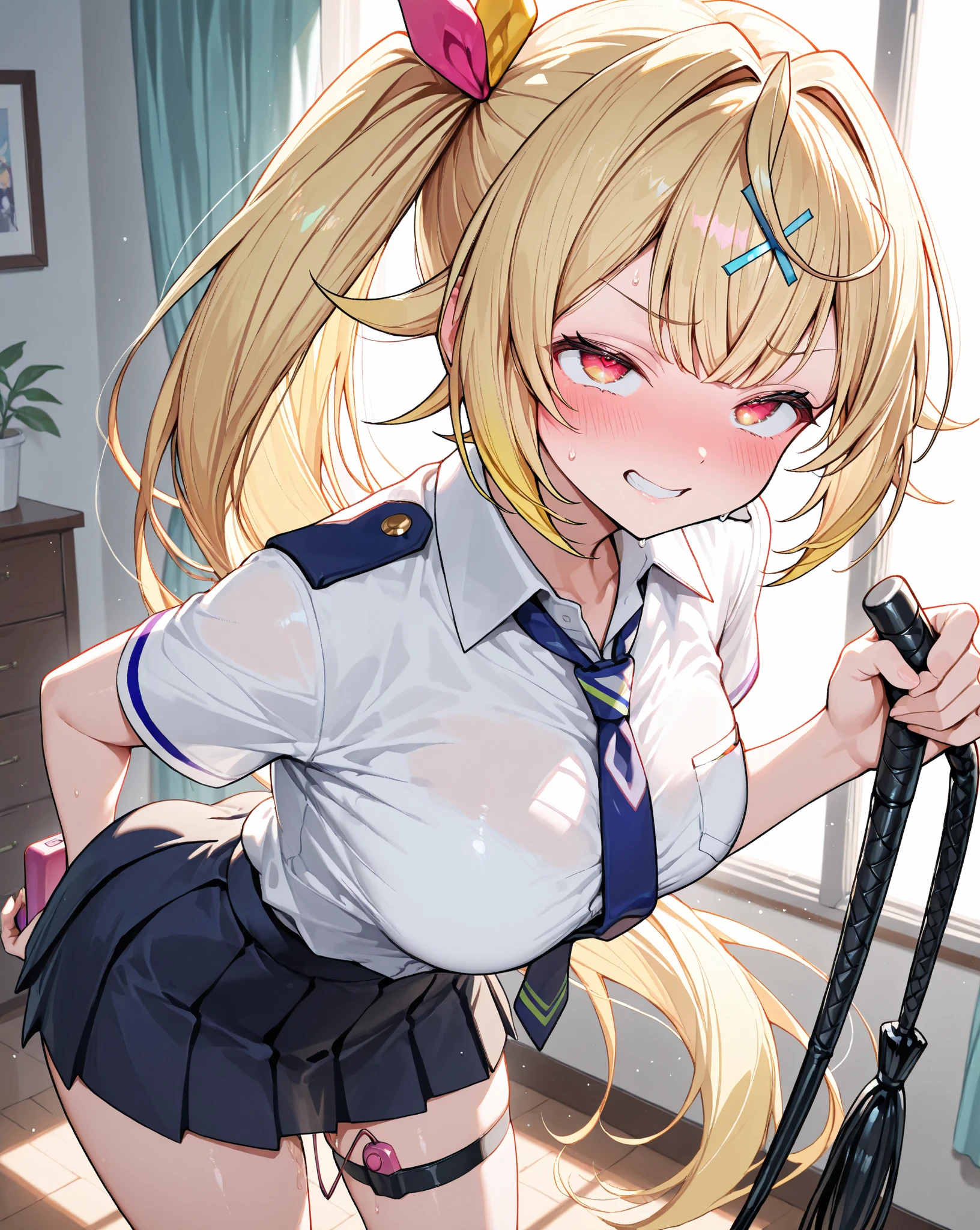 (looking up:1.3),(Blonde,Long ponytail),(Very curled hair,Blue ribbon,Bright blue eyes,freckles),(mega breasts),high school girl,,(Navy Blue,Cute Sailor Uniform,Checkered Pleated Skirt),BREAK,(Lift up the skirt:1.4),(striped panties visible:1.3),(pubic hair:1.2),(cameltoe:1.2),(frown:1.2),(angry:1.4),contemptuous,disdain,(hate:1.4),looking down,(embarrassed,nose blush:1.3)