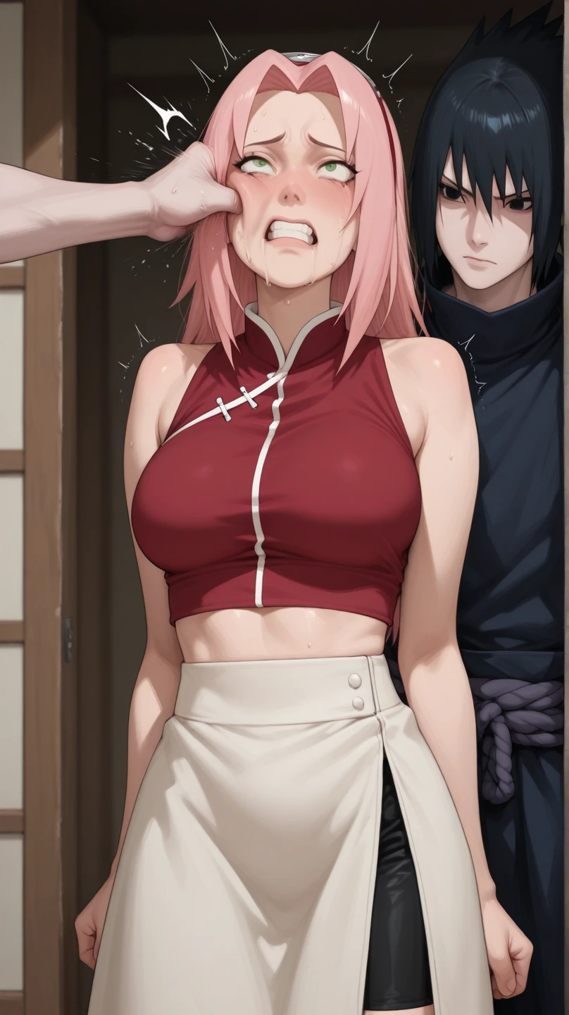 Naruto_sakura_combat_propiowaifu, render 1 girl, Sakura Haruno, short hair, pink hair, green eyes, hair intakes, clavicle, forehead protector, sale, red hair band, symbol of konohagakure,
pierna saleda, Coders, 
((Masterpiece)),((Best Quality)),(high resolution, absurdities), Original, inside, looking at the viewer, Alone, ((naked)), vagina, small breasts, masturbandose, masturbacion, legs apart, 