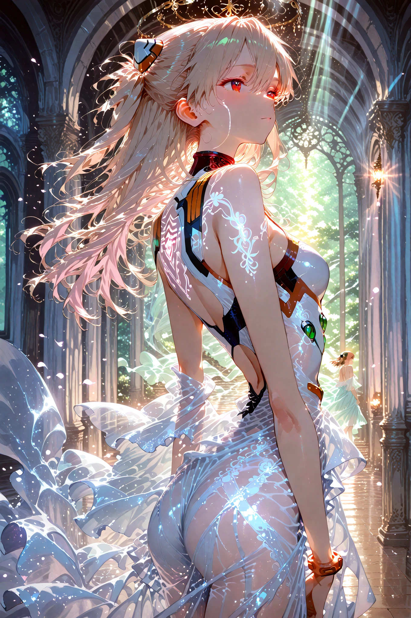 anime style, 1girl, blunt bangs, high ponytail, silver hair, pointy ears, in the depths of a bioluminescent alien jungle, [evangelion:cyberpunk edgerunners:0.5], reflective transparent iridescent opaque clothing, long sleeves, flowing dress, long skirt, very aesthetic, highres, 4k, 8k, intricate detail, cinematic lighting, amazing quality, amazing shading, detailed Illustration, official artwork, wallpaper, official art, extremely detailed eyes and face, beautiful detailed eyes, from below, full body, thigh gap,