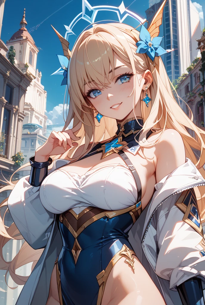 Blondes gewelltes Haare Zopf, blaue Augen, (white top with crop top), schwarzer kurzer Rock, goldene Halskette, Armbanduhr, (Fotorealistisch: 1.4), Skyline,