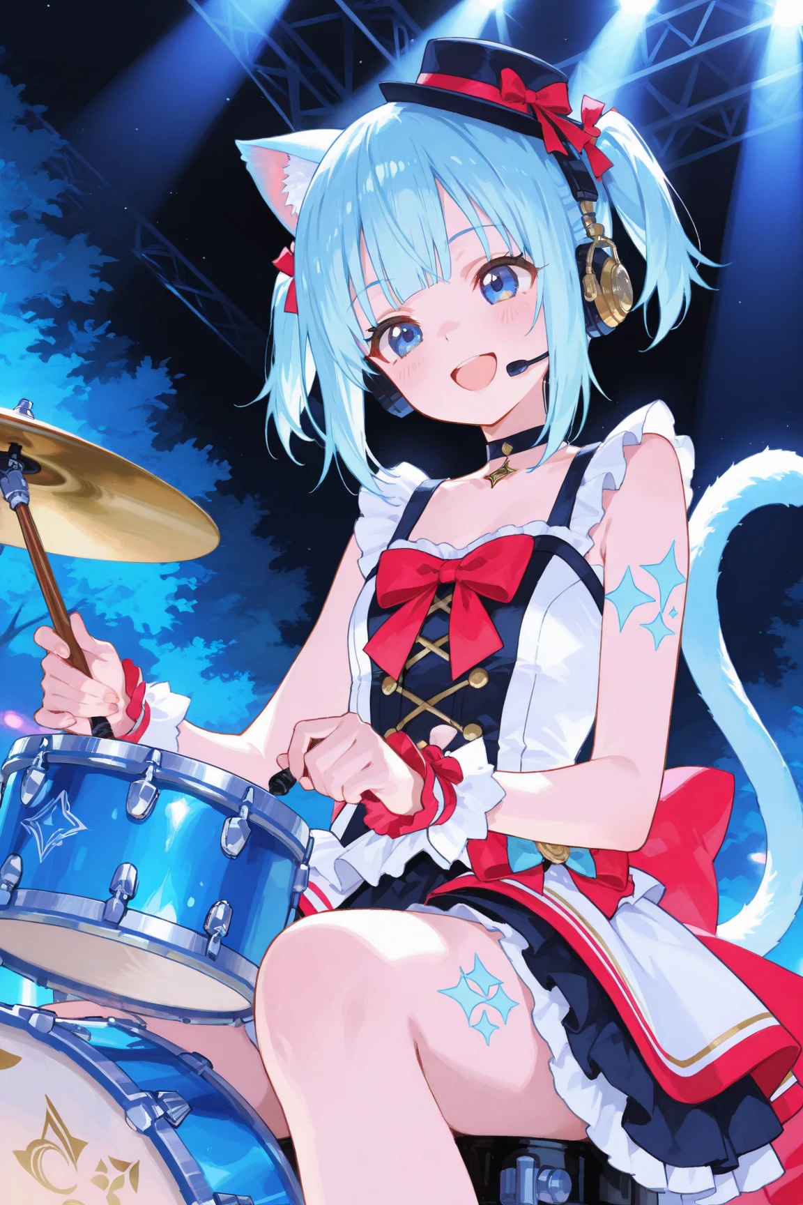 Highest quality、Light blue hair、25 years old、Short Bob、Deep green eyes、Church at night、small brest、Tiger print strapless bikini、Black high heels、cute horns、With drumsticks in both hands、Playing the drums、Sitting in the drum kit、Sweat flies、