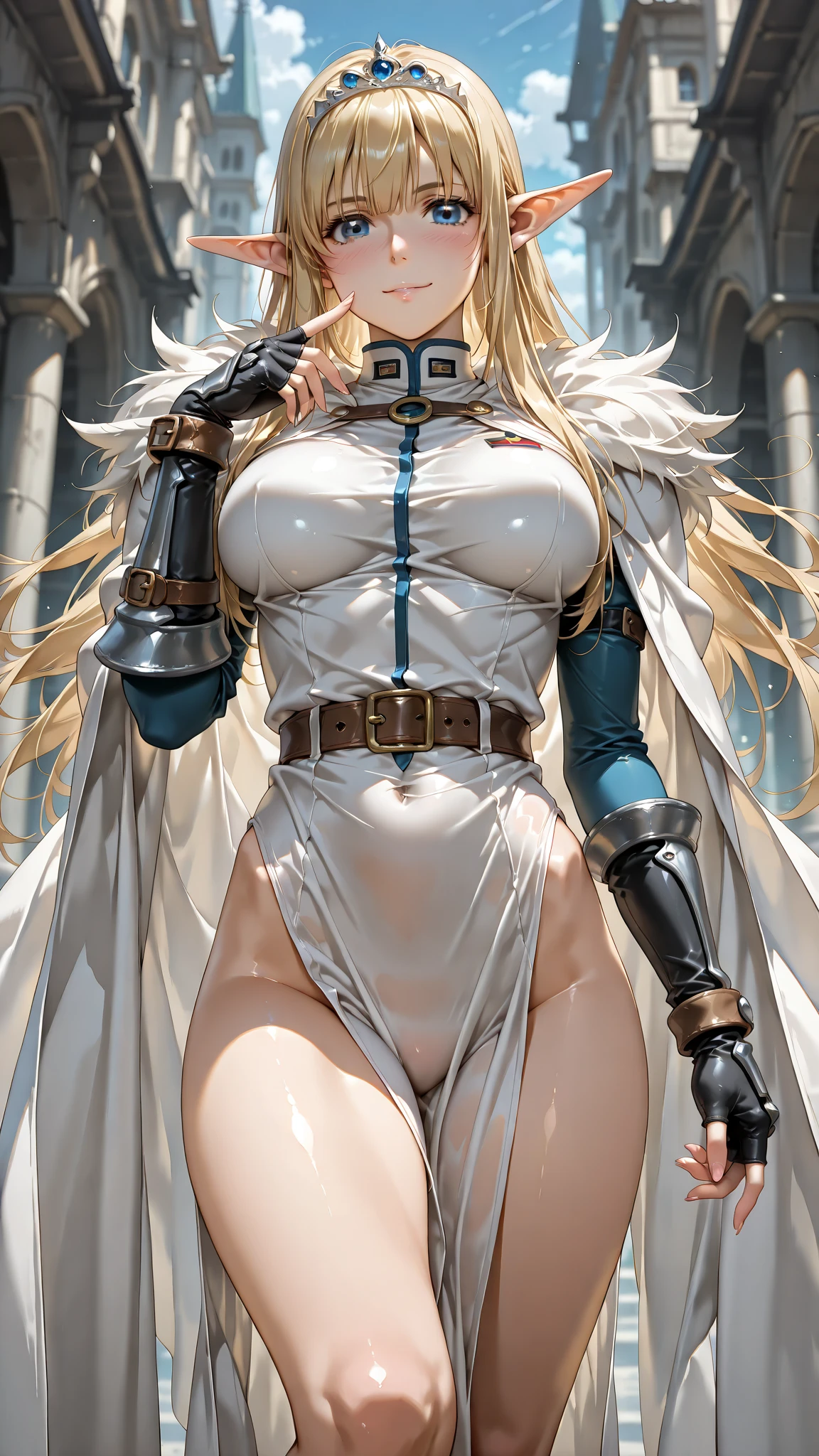 ((highest quality)), ((masterpiece)), ((hyperrealistic)), (detailed background), 1girl, ((curvy: 1.2)), perfect face, Langrisser, makeup, holding weapon, ((high neck racing leotard: 1.5)), ((catsuit)), ((white paladin armor: 1.3)), ((long skirt)), (cloak de cour), gauntlet, gloves, silver straight hair, ahoge, parted bangs, (huge breasts), (see-through cleavage cutout), (pantyhose thigh), (zettai ryouiki armored thigh high boots), beautiful eyes, Perfect hands, perfect fingers,