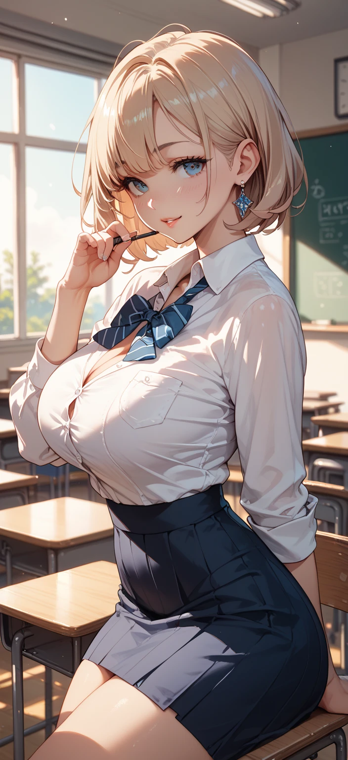 (masterpiece:1.2, top-quality), (realistic, photorealistic:1.4), beautiful illustration, NSFW, 
looking at viewer, cowboy shot, front view:0.8, 
1 girl, japanese, gal,high school girl, blonde hair, (short hair:1.4), (bob hair:1.2), bangs, hair between eye, blue eyes, large breasts:1.0, (thick thighs,cleavage), 
beautiful hair, beautiful face, beautiful detailed eyes, beautiful clavicle, beautiful body, beautiful chest, beautiful thigh, beautiful legs, beautiful fingers, 
(beautiful scenery), dawn, bright and refreshing classroom, desks, chairs, curtains, 
((navy blazer, collared shirt,pleated miniskirt, navy blue socks, private school uniform:1.2)), white bra,white panties, open shirt,
(swollen), ((seductive posture: 1.2, attractiveness: 1.2)), (idle),
(erotic,sexy, upper eyes, smiling smile: 1.2), shiny skin, open mouth, (put her finger on one's lips), 
perfect face, erotic smile,cute and symmetrical face, natural side lighting, movie lighting),