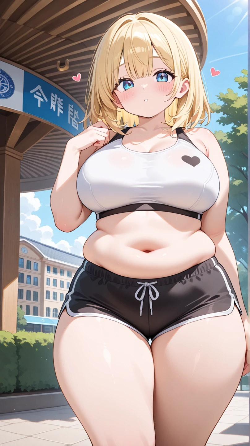 ((highres)), Masterpiece, high quality, best quality, beautiful, perfect lighting, detailed face, ultra cute face, cowboy shot, ((1girl)), ((solo)),
long hair, fluffy hair, blonde hair, blue eyes, ((blush)), embarrassed, nervous, shy, looking at viewer, arms behind back, crop top, shorts, thick thighs, (wide hips), (chubby), chubby belly, cleavage, ((large breasts)),
20 year old female, standing in a park, (park), daytime,