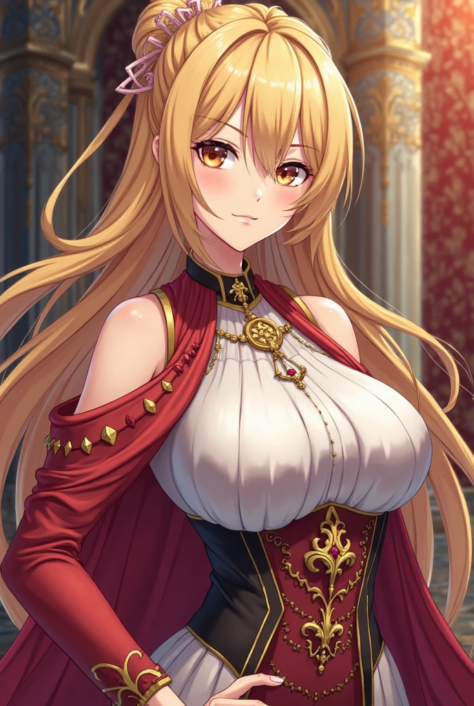 score_9, score_8_up, score_7_up, score_6_up, source_anime, 1girl, solo, defAlexia, long hair, blonde hair, red hairband, brooch, red ballgown, puffy sleeves, frilled sleeves, looking at you, smile, sitting on throne, throne, indoors, stone walls, worried, hand to own chest