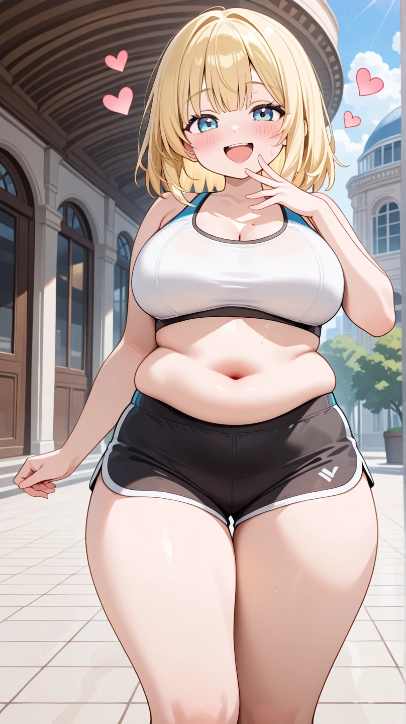 ((Masterpiece)), perfect anatomy, perfect shading, field of depth, (best quality), extremely delicate and beautiful, perfect lighting, detailed face, ultra cute face, cute, (cowboy shot 1.2), looking at viewer, full body, (((1girl))), (((solo)))

Short hair, ponytail, blonde hair, messy hair, blue eyes, (blush), embarrassed, (jogging shorts 1.2), (blue sports bra 1.2), Tight clothes, large breasts, cleavage, wide hips, (thick thighs), chubby, chubby belly, fat folds, she has a jiggly belly, 

City street, outside a bakery, intricate background, detailed background, jogging, (sweaty), heavy breathing, 