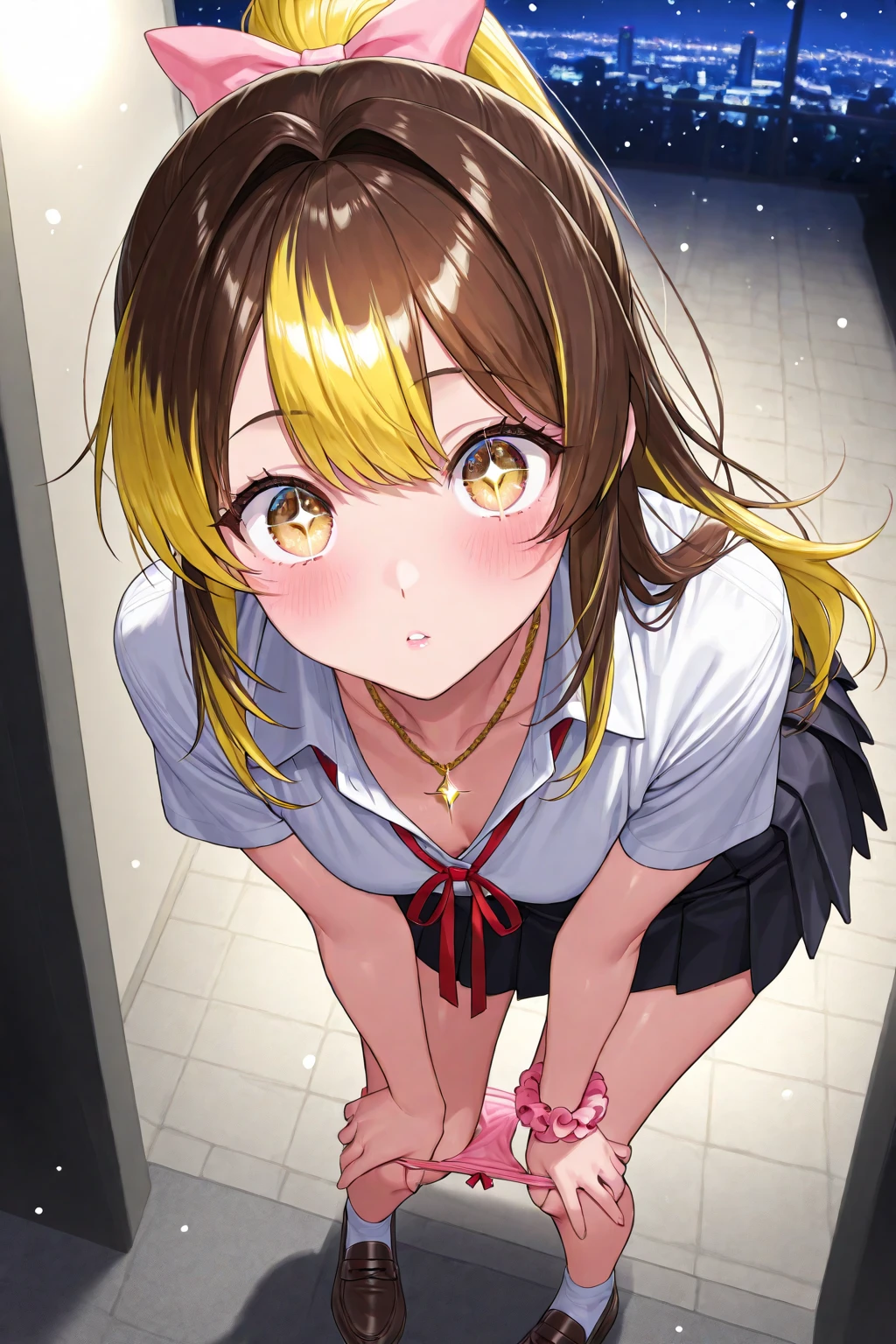 ((masutepiece, Best Quality, hight resolution, nffsw, Perfect Pixel, depth of fields, 4K, )), 1girl in, Solo, , Beautiful anime girl, Beautiful Art Style, 
standing:1.3, bathroom background, Looking at viewer. 
Perfect body, serious face, show teeth, front facing:1.4,

isshiki iroha, medium breasts, Full face blush, black stockings, yellow dress, black platrorm heels,
straight-on:1.3, medium shot