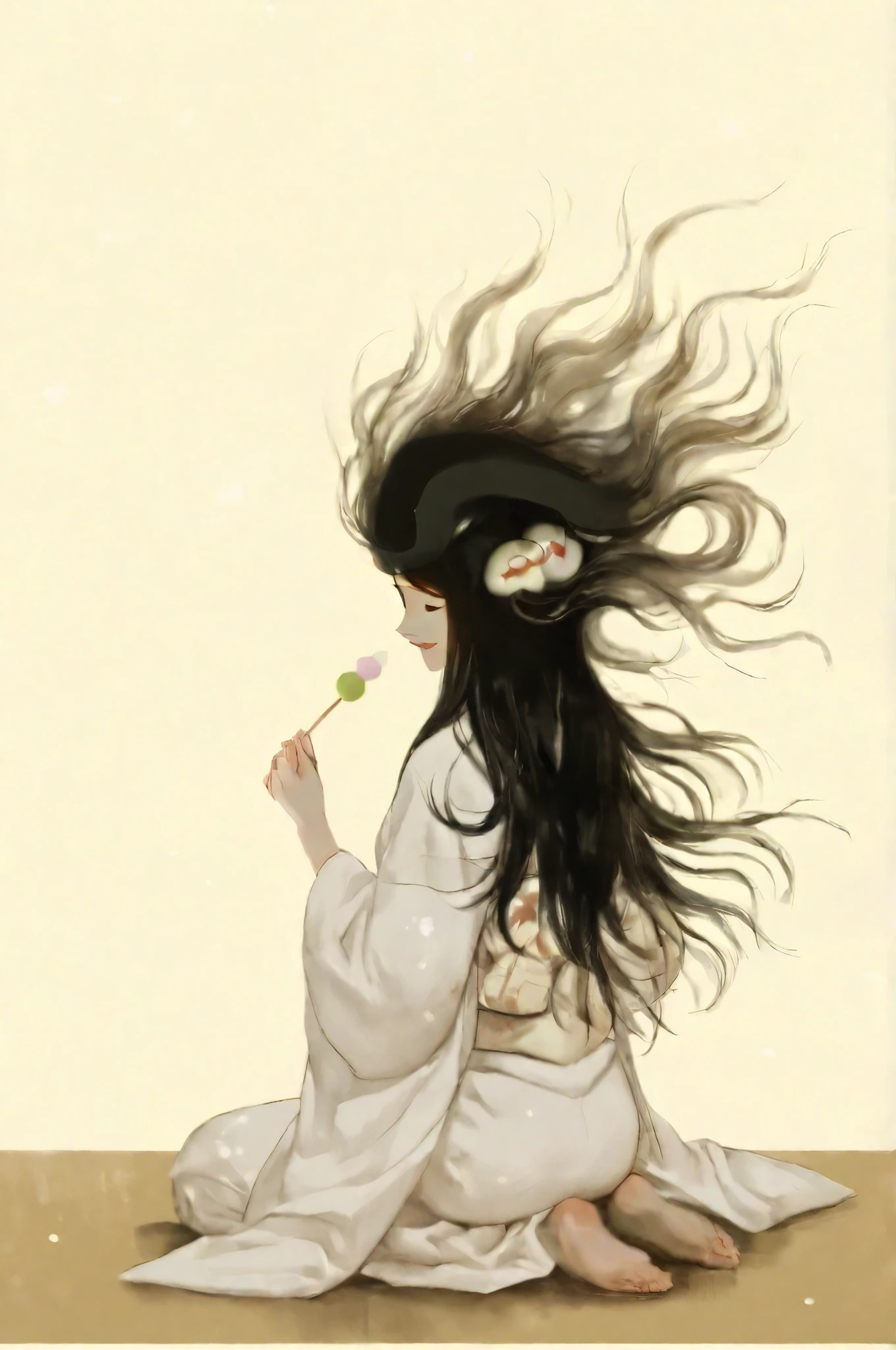 *"A surreal and elegant depiction of the Japanese yokai Futakuchi-onna, seen fully from behind as she sits in seiza (traditional kneeling posture) on a flat surface. The background is a minimalist beige gradient, smooth and textureless, designed to focus entirely on the figure.
She wears a plain, elegant kimono with no text or symbols, and her posture is calm and composed. Her long black hair is carefully styled to part slightly at the center of her back, allowing a clear view of a strange, curved fissure on the back of her head — a mouth-like crack that subtly resembles a quiet, unsettling smile. This 'second mouth' is visible without obstruction, framed naturally by her flowing hair.
In her hands, behind her back or at her side, she gently holds a skewer of dango (sweet dumplings), one of which appears to have been offered toward the second mouth.
The lighting is soft and warm, casting delicate shadows across her back and highlighting the movement of her hair, which flows gracefully with a dreamlike quality, inspired by ukiyo-e wave patterns. There are no distractions in the background — only space, light, and the quiet tension between beauty and the supernatural."*