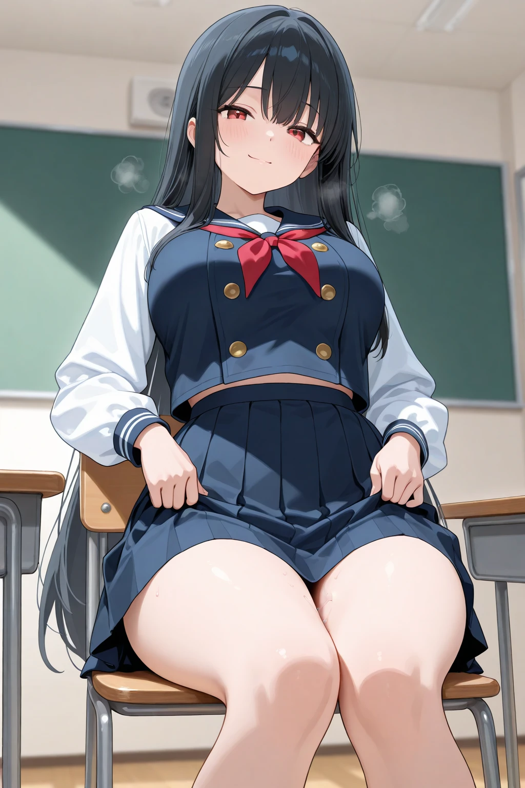 From above、From the side、(background bokeh:1.3)、(School、classroom)、((male、Look at the penis))、Super detailed illustrations、Super precise expression、masterpiece、highest quality、ultra High resolution、High resolution、((surprised、surprised))、(big breasts、Sweat、body fluid、shiny skin:1.2)、(black hair、long hair、Braid、Glasses、Patsun bangs)、please kneel down、Sarah Clothes、navy blue mini skirt、knee socks、(Mamifi)、