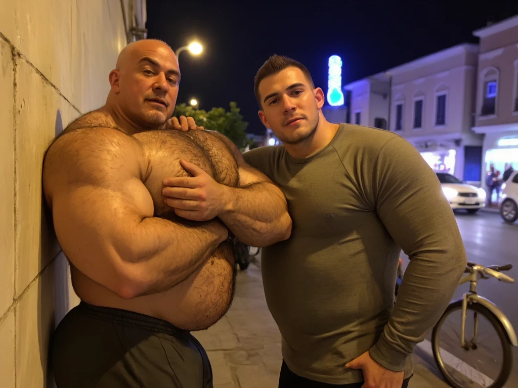 2 vietnamese grandfathers with gray hair, mature face, a thick mustache, a short chin beard, bear body, wearing a massive bulging gray jockstraps standing at the beach, have belly, big muscular chest, a sexy pose.