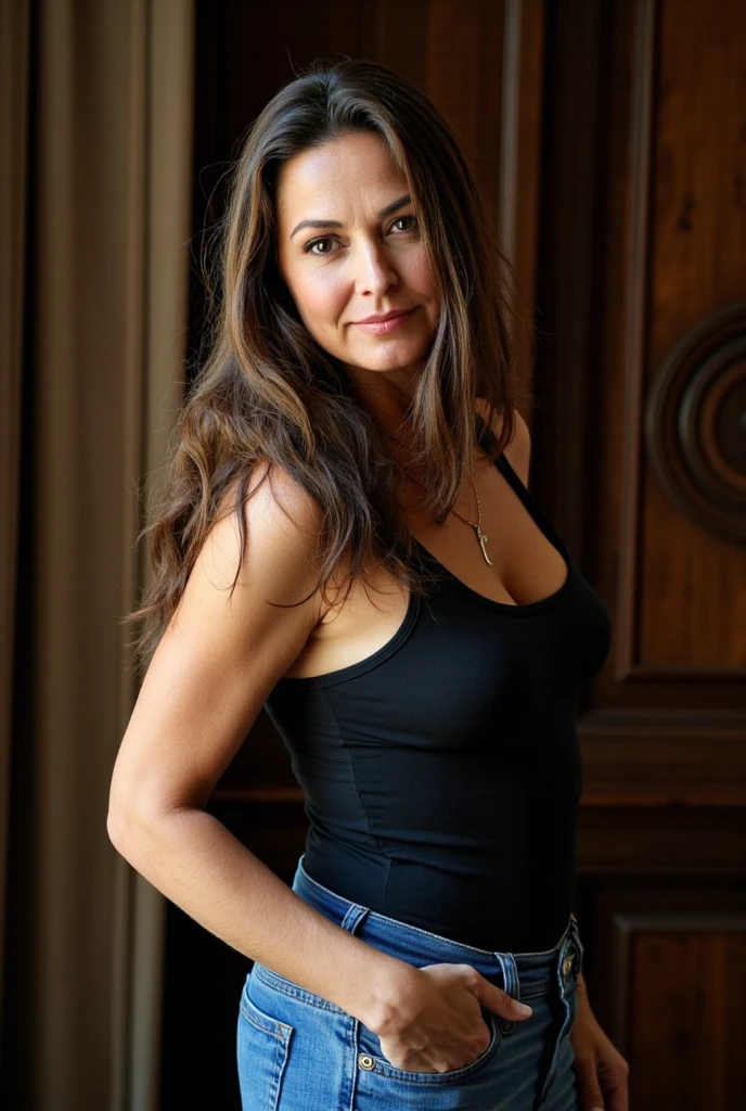 (1960s italian woman, mature woman, voluptuous figure, perky breasts, brown turtleneck sleeveless dress, raising arms to show armpits, beautiful mature woman, long black wavy hair, professional camera, professional lighting, best quality,4k,8k,highres,masterpiece:1.2,ultra-detailed,realistic,photorealistic,photo-realistic:1.37,HDR,UHD,studio lighting,ultra-fine painting,sharp focus,physically-based rendering,extreme detail description,professional,vivid colors,bokeh)