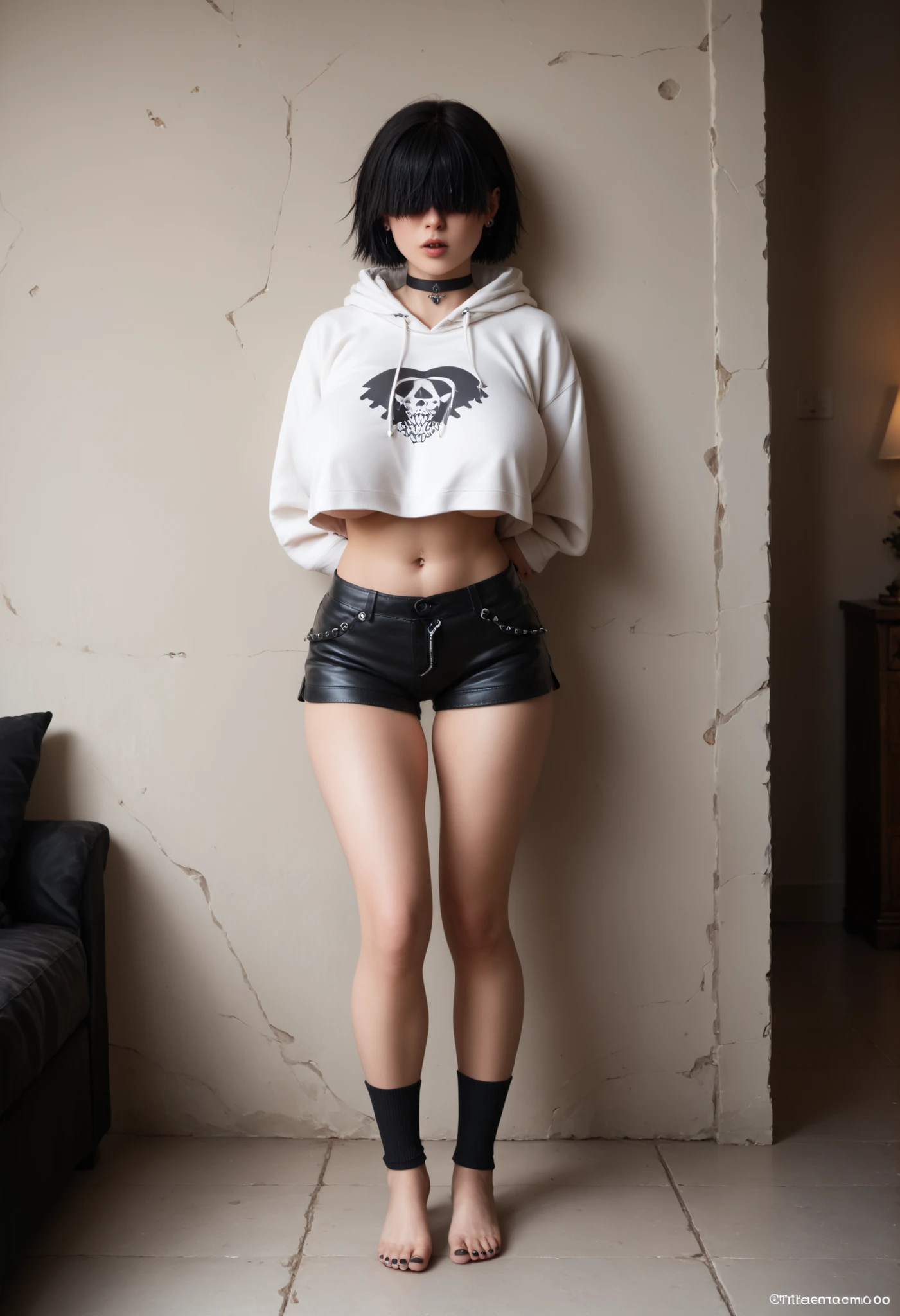 1girl, solo, masterpiece, best quality, ((round breasts, white oversized hoodie, bare midriff)), ((hair covering eyes, short black hair)), black choker, stud earrings, ((standing against the wall, hands behind back)), black leather shorts, black socks, ((barefoot, black nail polish)) emo girl, mansion living room